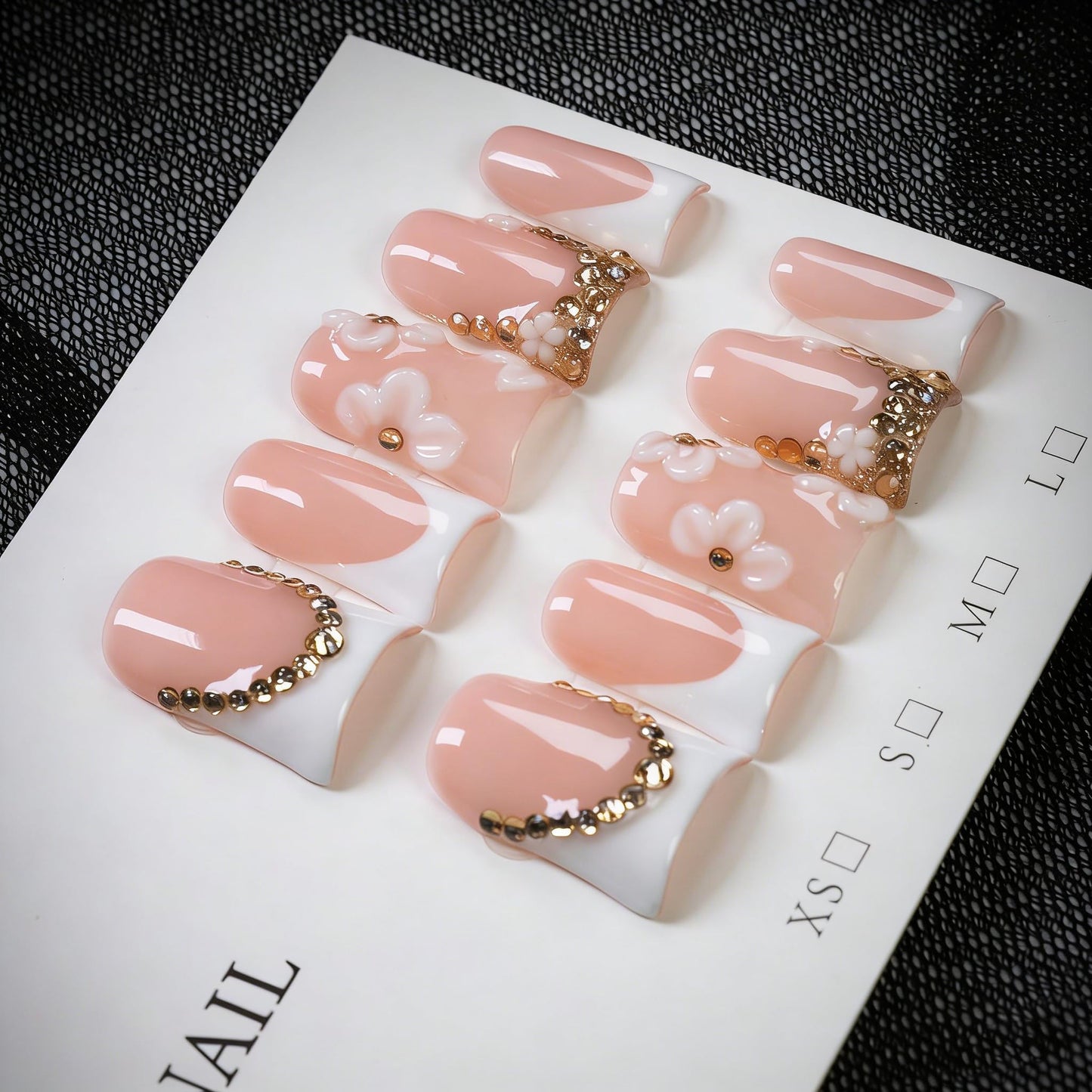 Duck Handmade Press on Nails Luxury 3D Flower & Rhinestone Fake Nails Muti-Layer Gel Acrylic Nail White French Tip False Nails with Design Full Cover Thicked Short Stick on Nail for Women (M)
