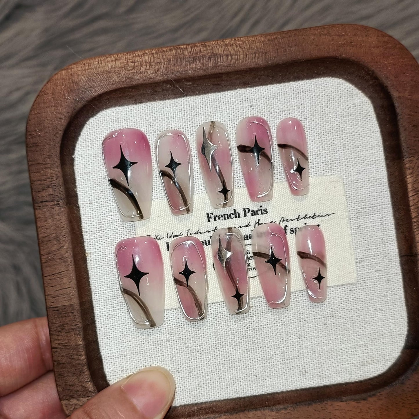 TENPAL Pink Ombre Silver Coffin Acrylic Nails,Handmade Press On Nails With Tools,Glossy Y2K Star Glitter Designs Glue on Nails,Cute Cool Retro Kawaii Kpop False Fake Nails for Women 10Pcs(S)