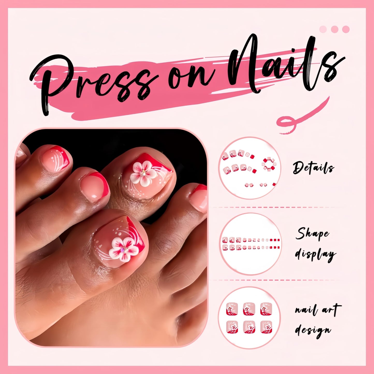 3D Flower Press on Toenails Short Square Fake Toe Nails Hot Pink French Tip Toenail Press ons Glossy Full Cover Stick on Toes Embossed Floral Acrylic Glue on Toenail Kit for Women Manicure 24Pcs