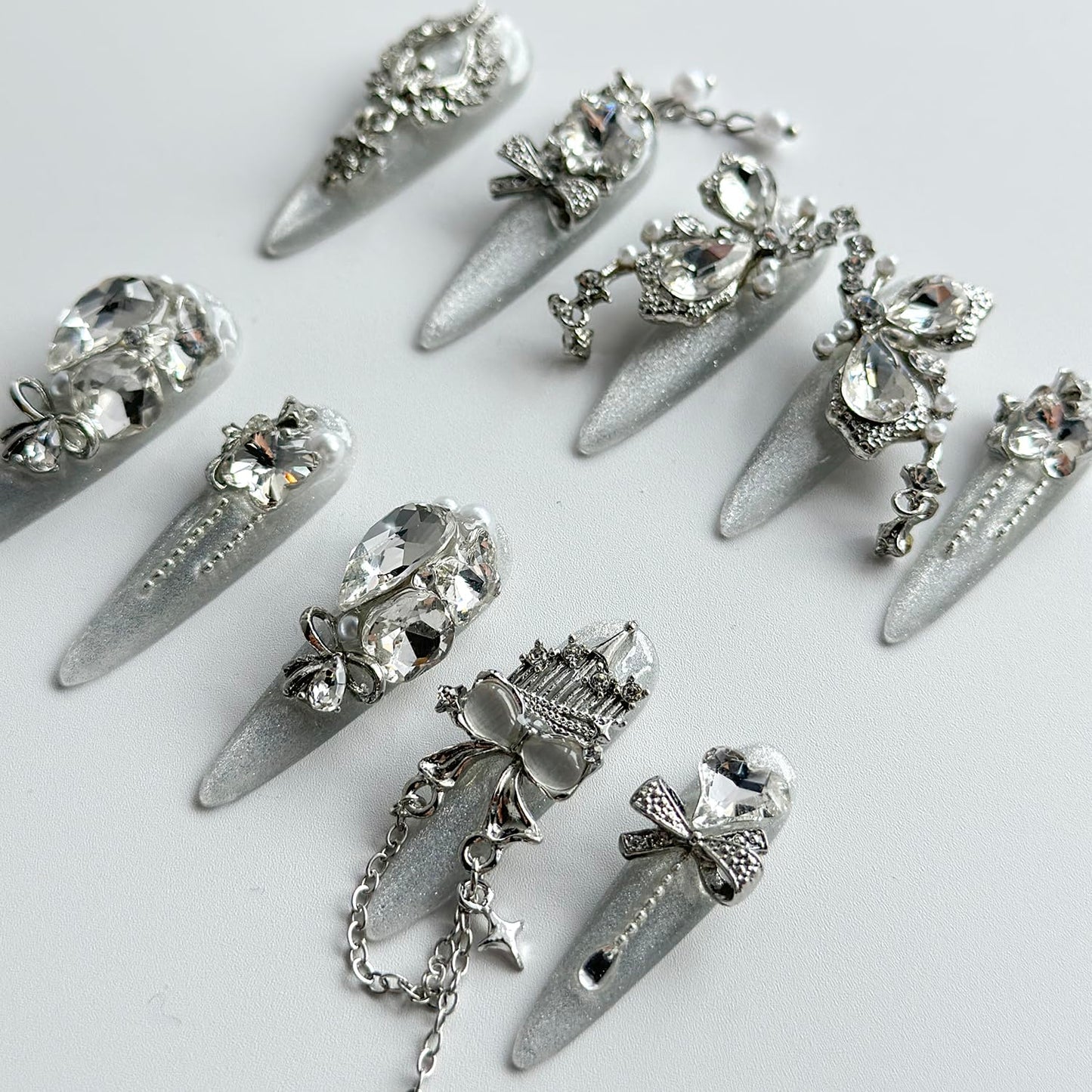 Luxury Press on Nails Long Almond Handmade 3D Unique Reusable ABS Material Fake Nails White Gothic False with Designs Bow Rhinestones Glitter Art Glossy Glue on Nails Thick Acrylic Nails(M)