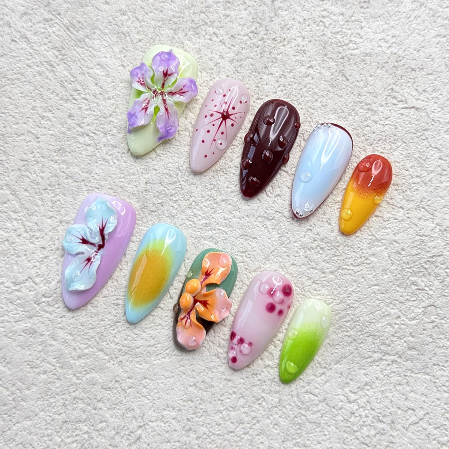 RIICFDD Handmade Press on Nails Medium Almond Thick Acrylic Nails,Tropical Flower Art Fake Nails with Water Droplet Pattern Designs Nature Stick on Nail False Nails for Wome (Size S)