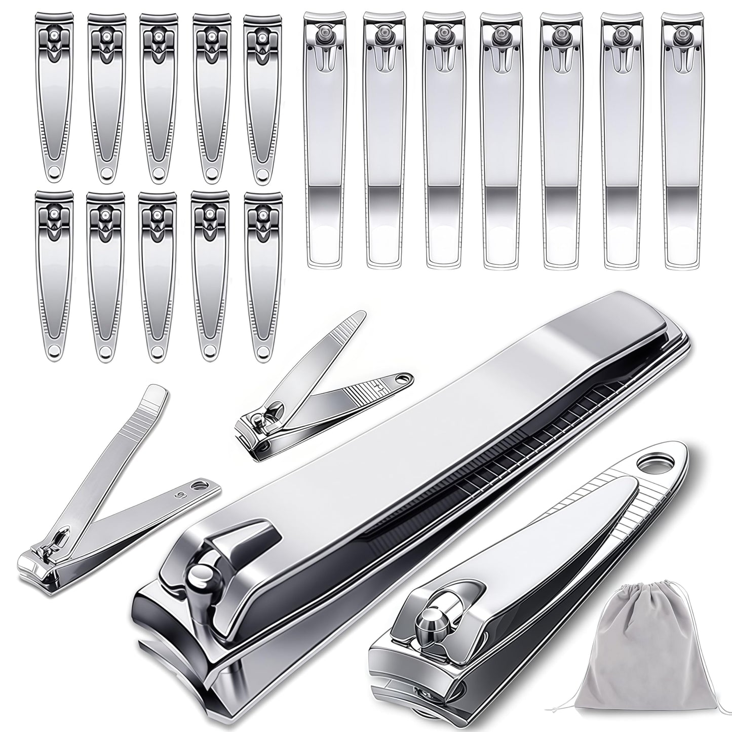 Keeshibao 20-Pack Stainless Steel Fingernail & Toenail Nail Clippers Bulk Set - 12 Small + 8 Medium Size with Storage Pouch, Manicure Kit for Men/Women Travel, Gifts, Homeless Care Supplies