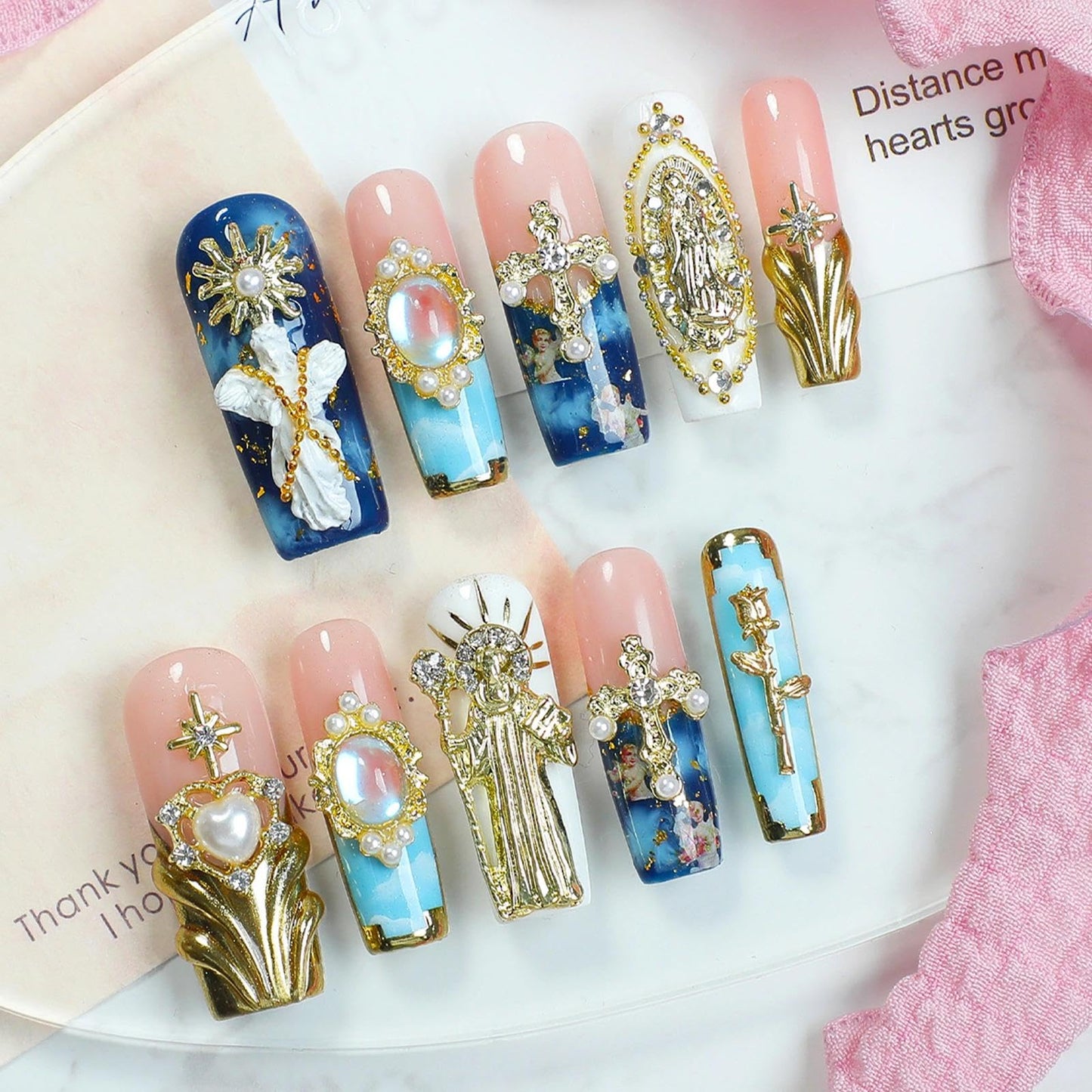 Handmade 3D Green-Pink-Gold Royal Retro Gem Square Press On Nails, Luxury Rhinestone Noble Style Artisan Nails Set, Reusable Glossy Press-ons with Tool Kit(S)