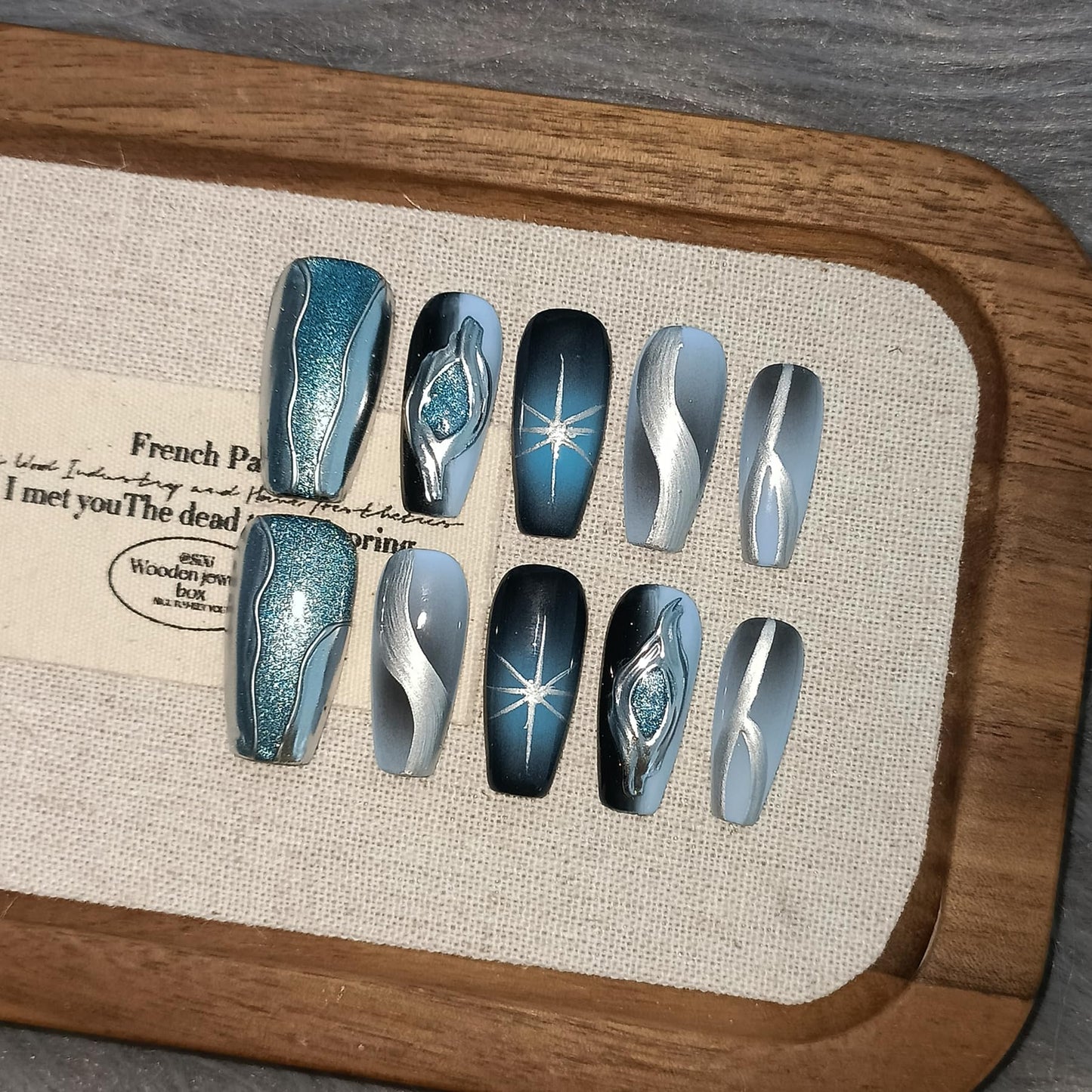 TENPAL Handmade Press On Nails With Tools,Black Blue Ombre 3D Cat Eye Coffin Fake Nails for Women,Glossy Metallic Airbrush Galaxy Designs Glue on Nails,Chrome Relief Punk Acrylic Nails 10pcs(XS)