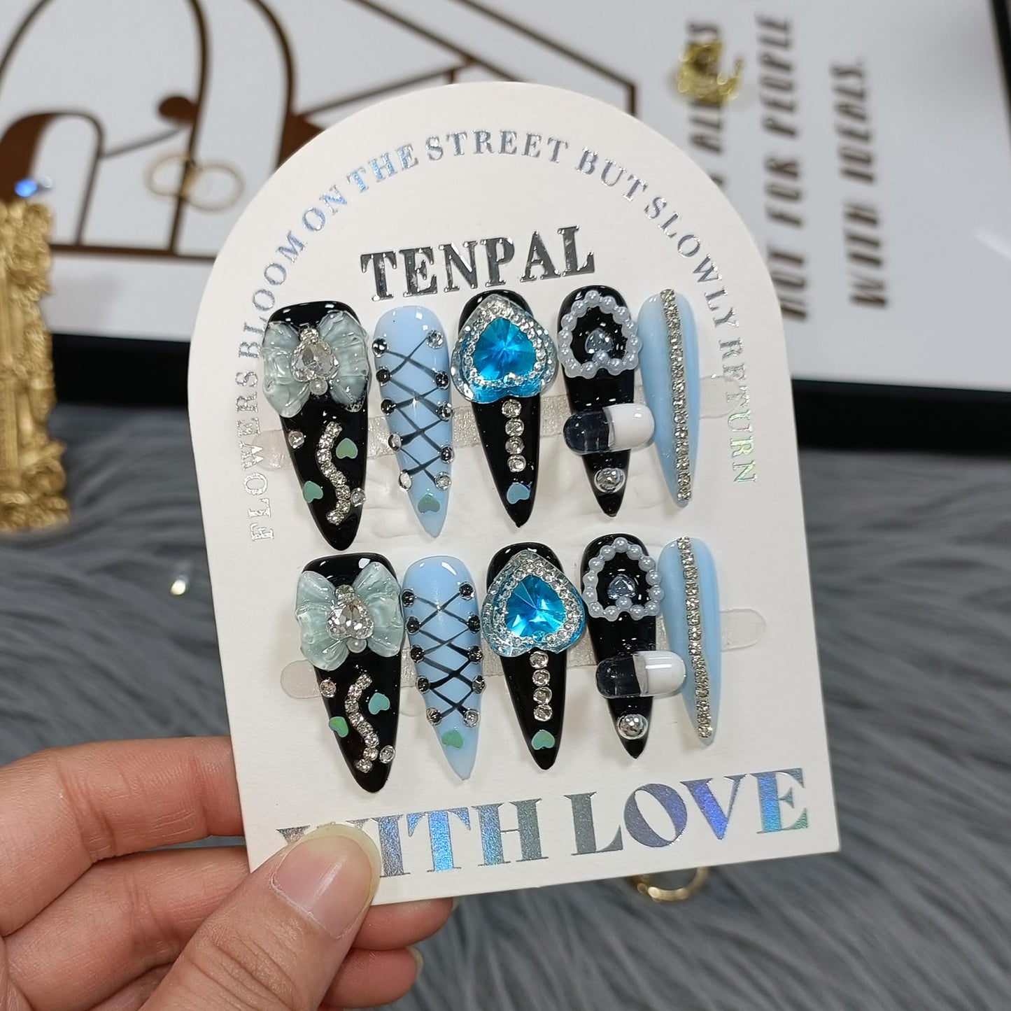 TENPAL 10Pcs Y2K Gothic Press On Nails With Tools,Blue 3D Capsule Pearl Bow & Chain Charms Designs Fake Nails,Long Stiletto Handmade False Nails,Reusable Acrylic Glue on Nails for Party Halloween(XS)