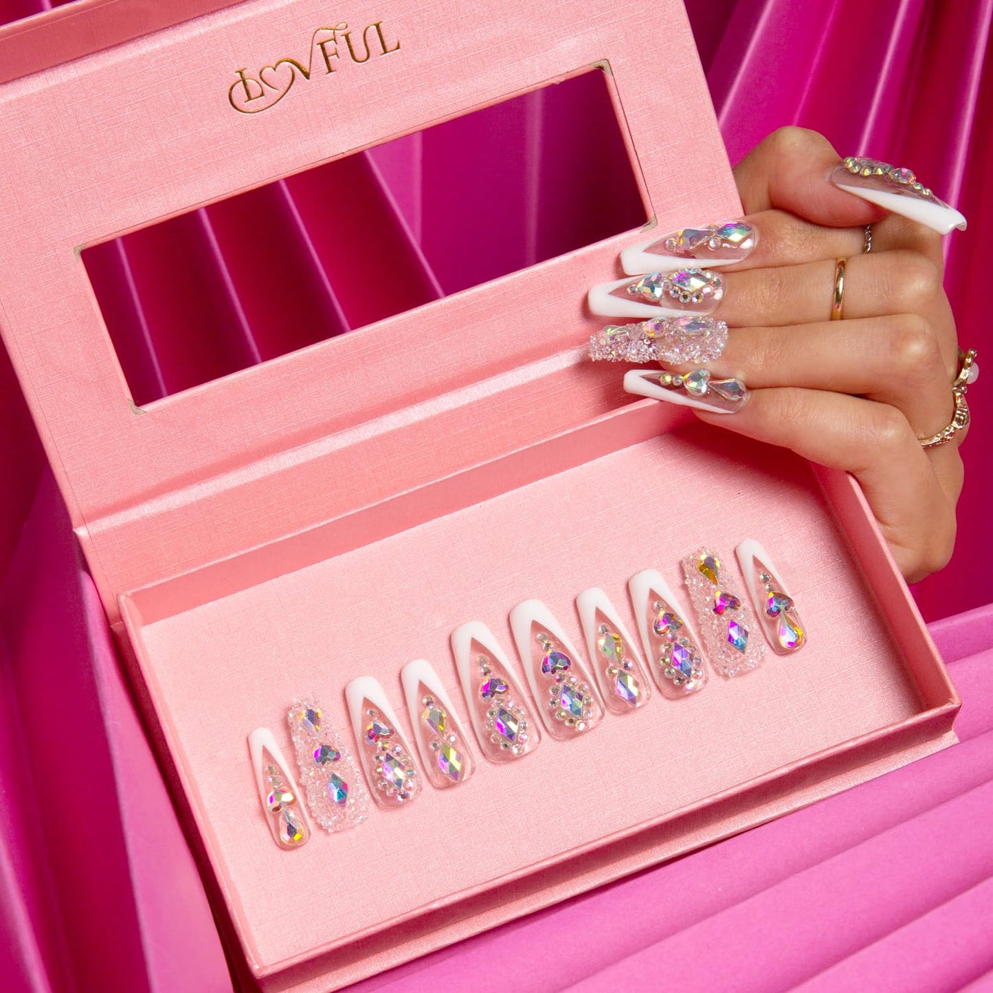 LOVFUL Press on Nails Aurora Light | Handmade with Full Covered Crystals | Reusable Fake Nails | Coffin Classic Regular 1.3 in | H36-M