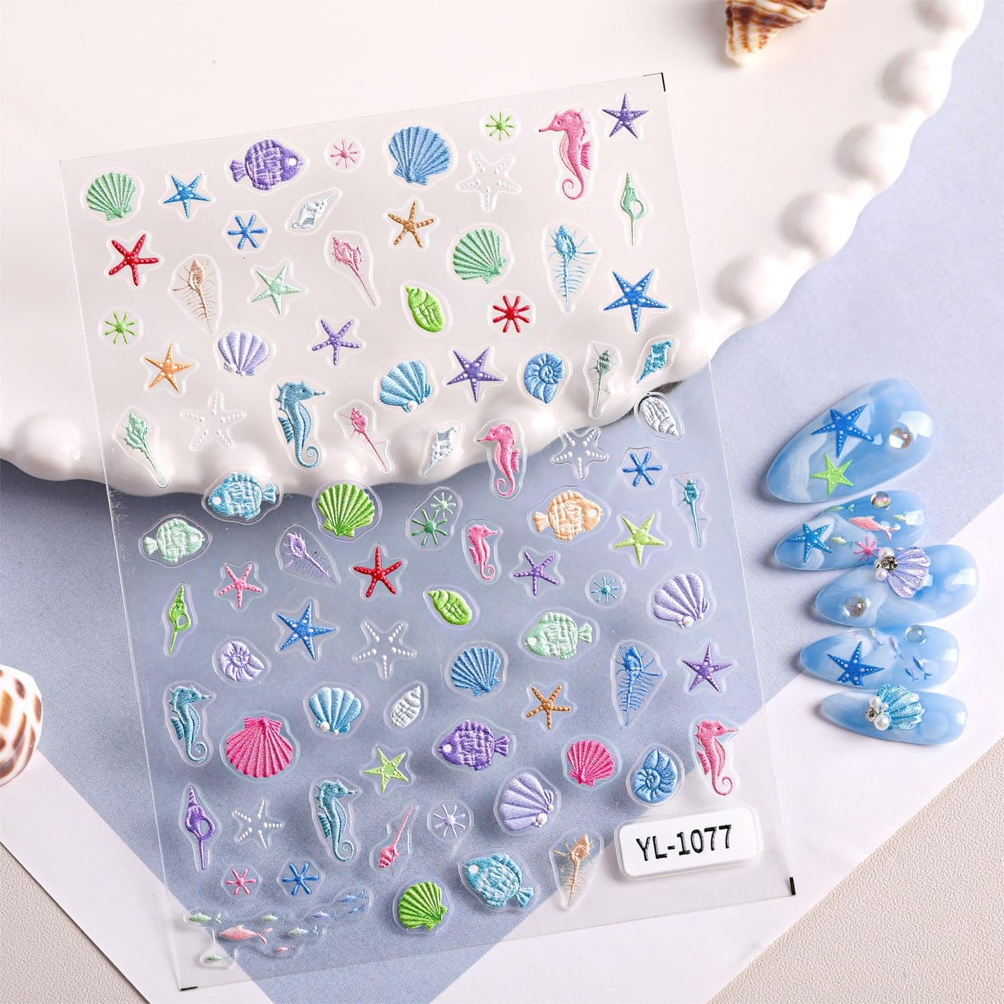 4 Pcs Summer Ocean Nail Stickers for Nail Art, 5D Embossing Self-Adhesive with Shell Fish Jellyfish Nail Decals, Nail Supplies Nail Art Design Accessories for Women and Girls Manicure DIY Decoration