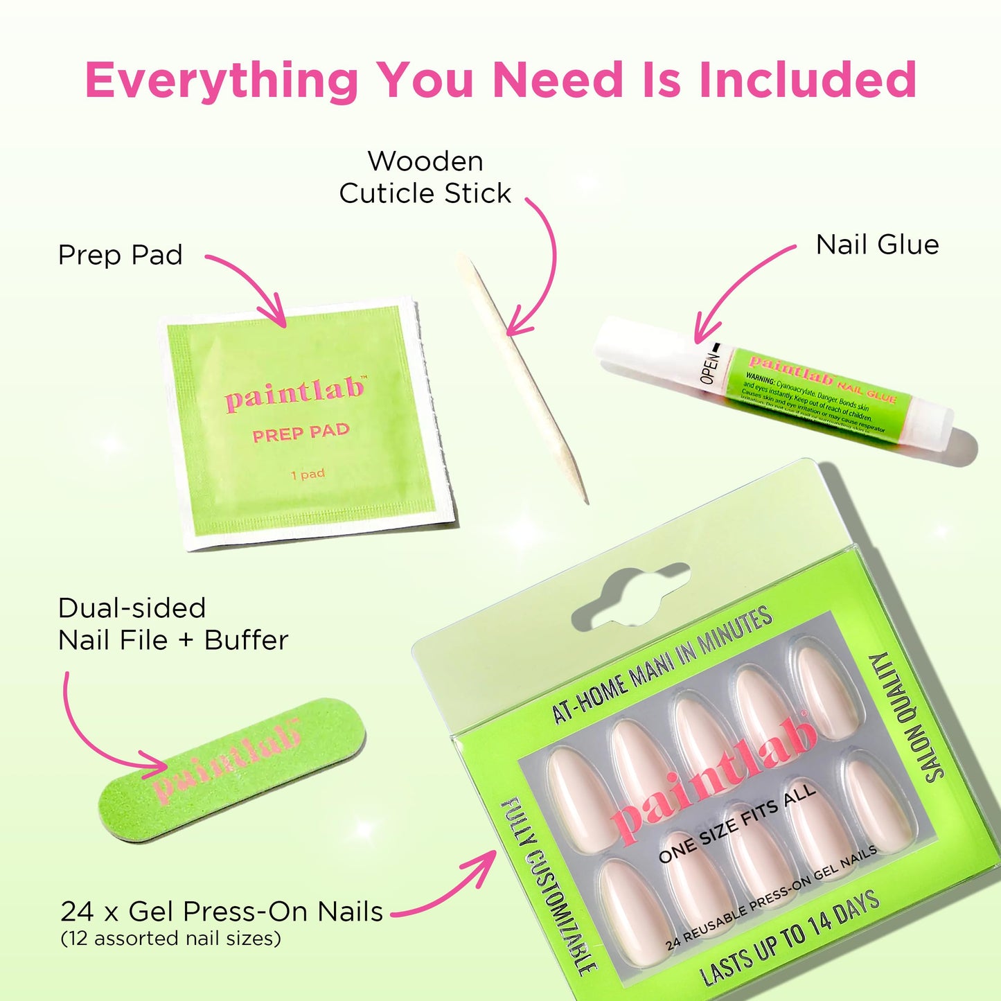 PaintLab Press On Nails - Nude Heels Almond Fake Nails, 24 Nails in 12 Sizes with Glue, Reusable Salon Quality Press On Nails