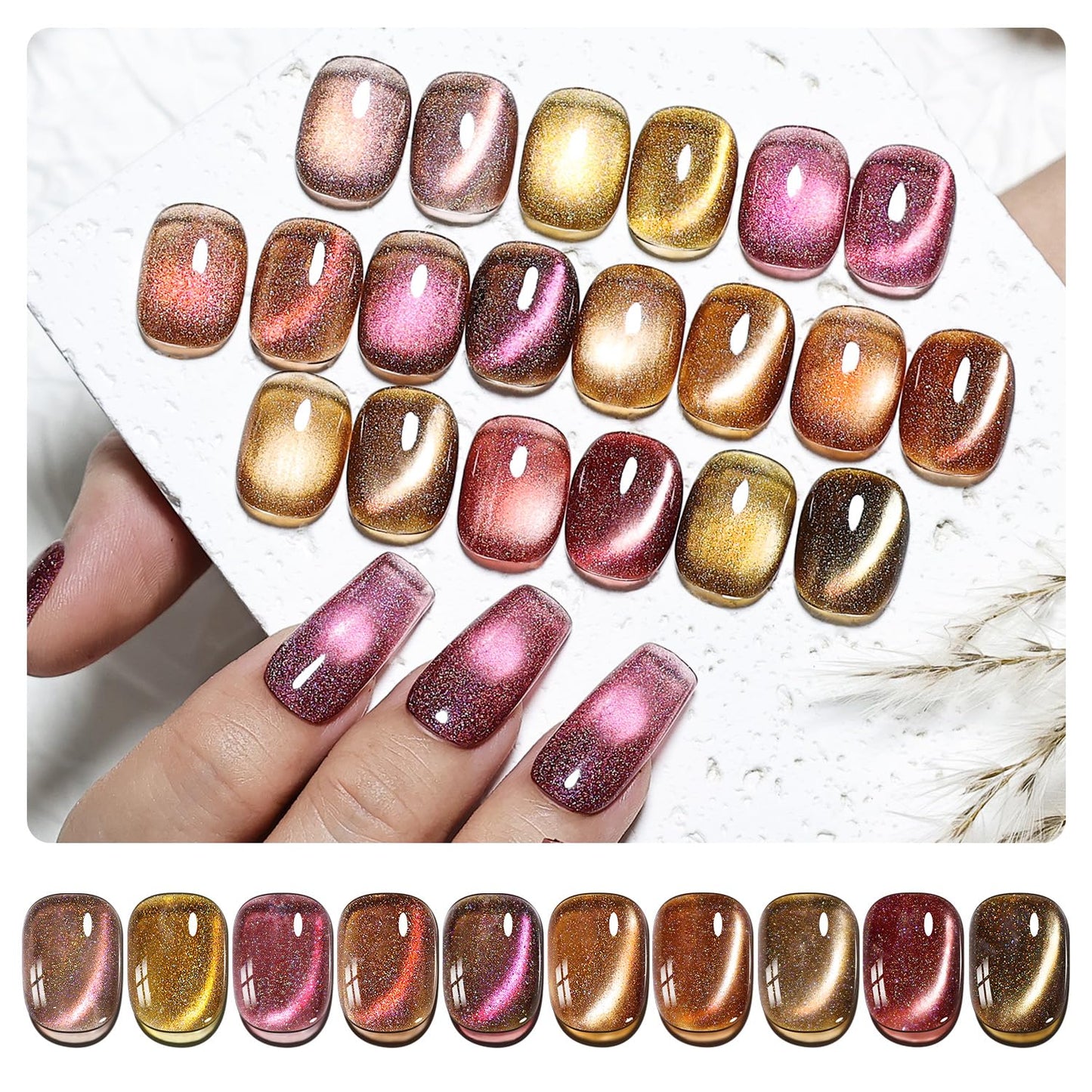 JODSONE 10 Colors Amber Rainbow Cat Eye Gel Nail Polish Set with Base Coat and Top Coat Magnetic Stick Nail Art Gifts to DIY at Home