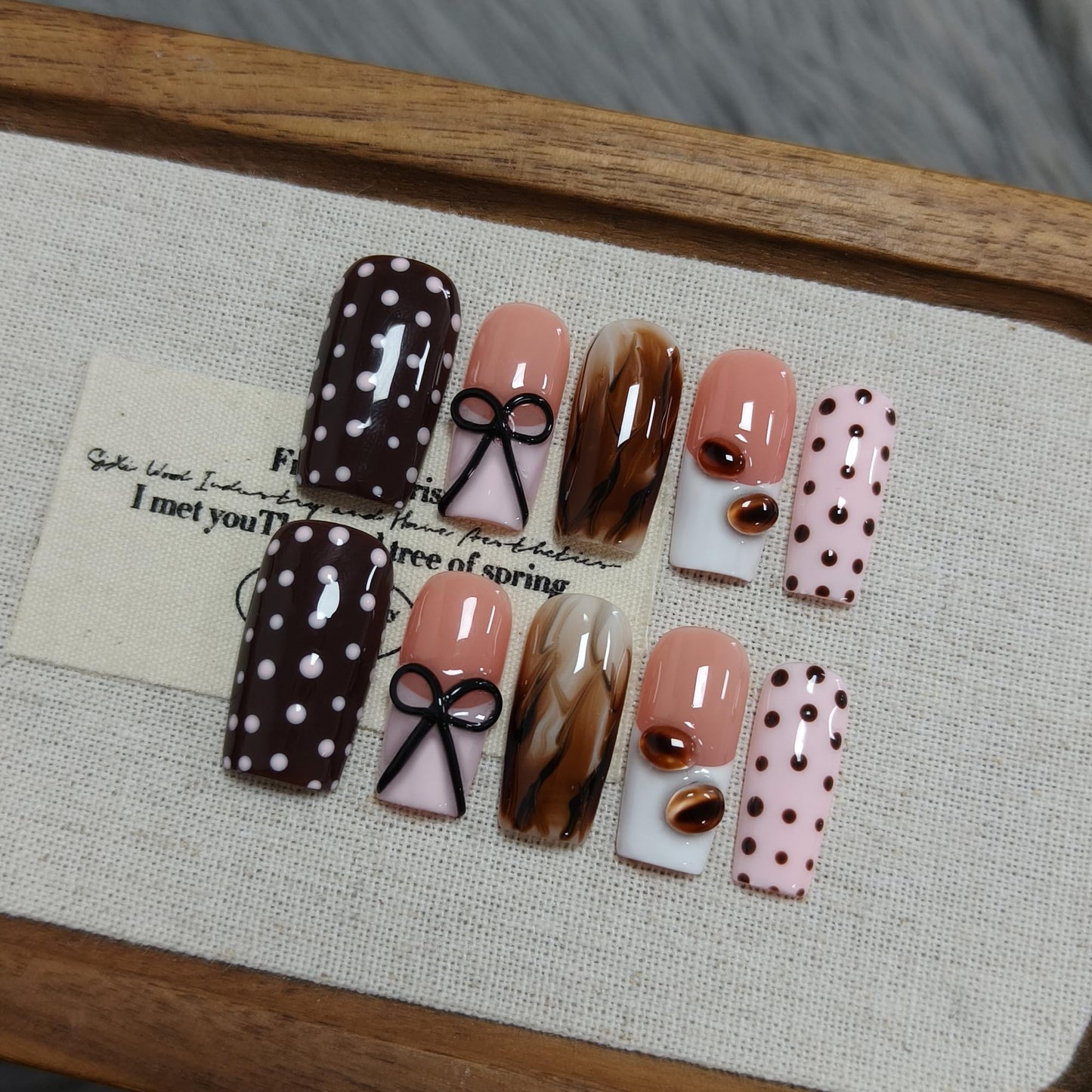 TENPAL Pink Coffee French Tip Press on Nails Medium Square, Polka Dot Ombre 3D Coffee Bean Cute Sweet Girly Reusable Salon False Nails for Daily Wear 10PCS(M)