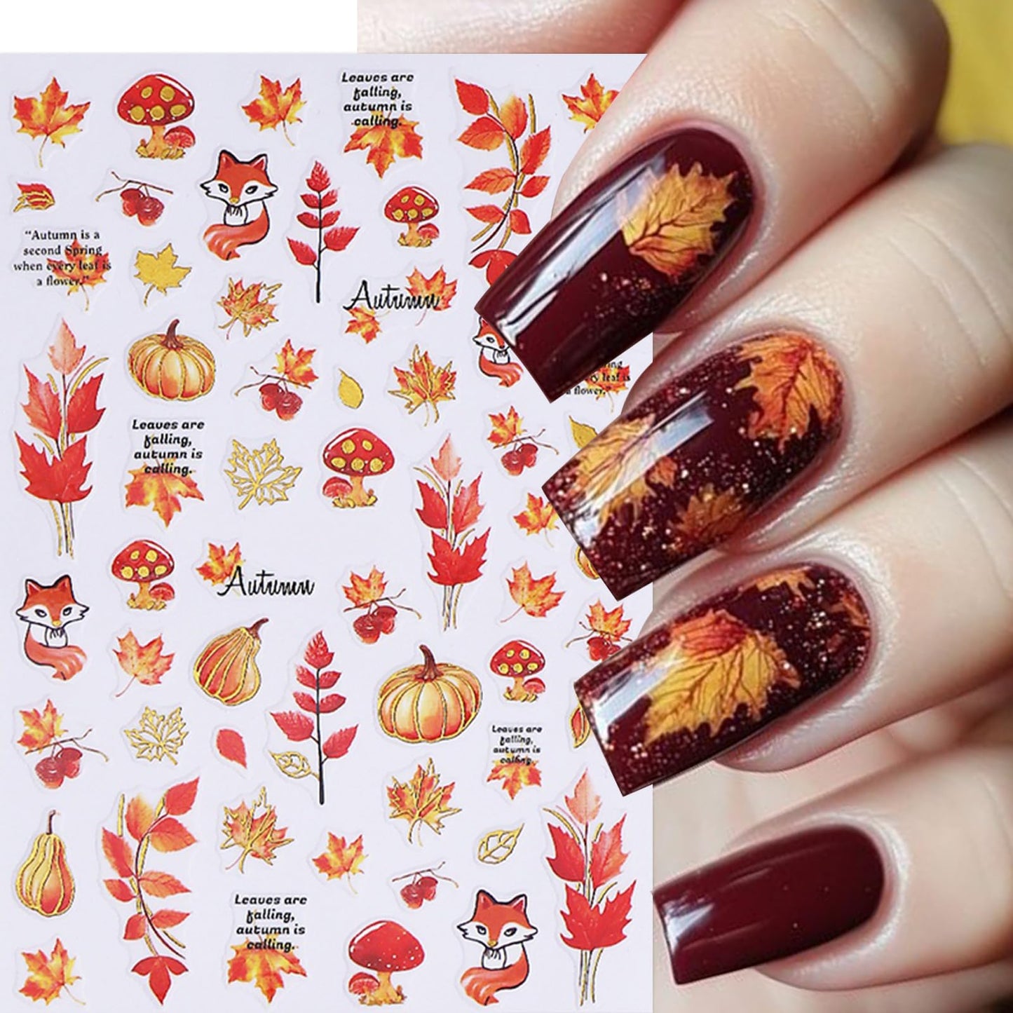 6 Sheets Fall Maple Leaf Nail Art Stickers Deals 3D Self-Adhesive Autumn Thanksgiving Pumpkin Fox Fallen Leaves Nails Designs Flower Mushroom Autumn Leaves Nail Supplies for Women Nail Decoration