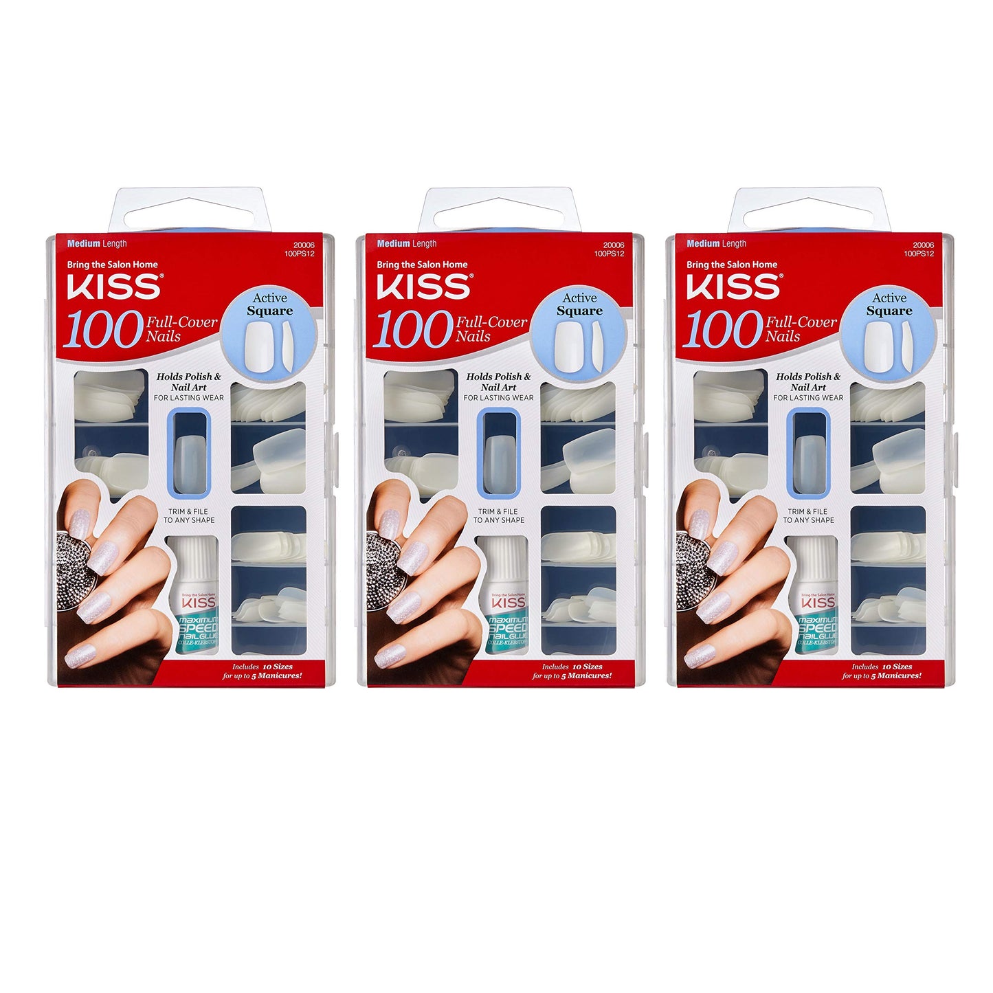 Kiss 100 Full Cover Nails Active Square (Pack of 3)