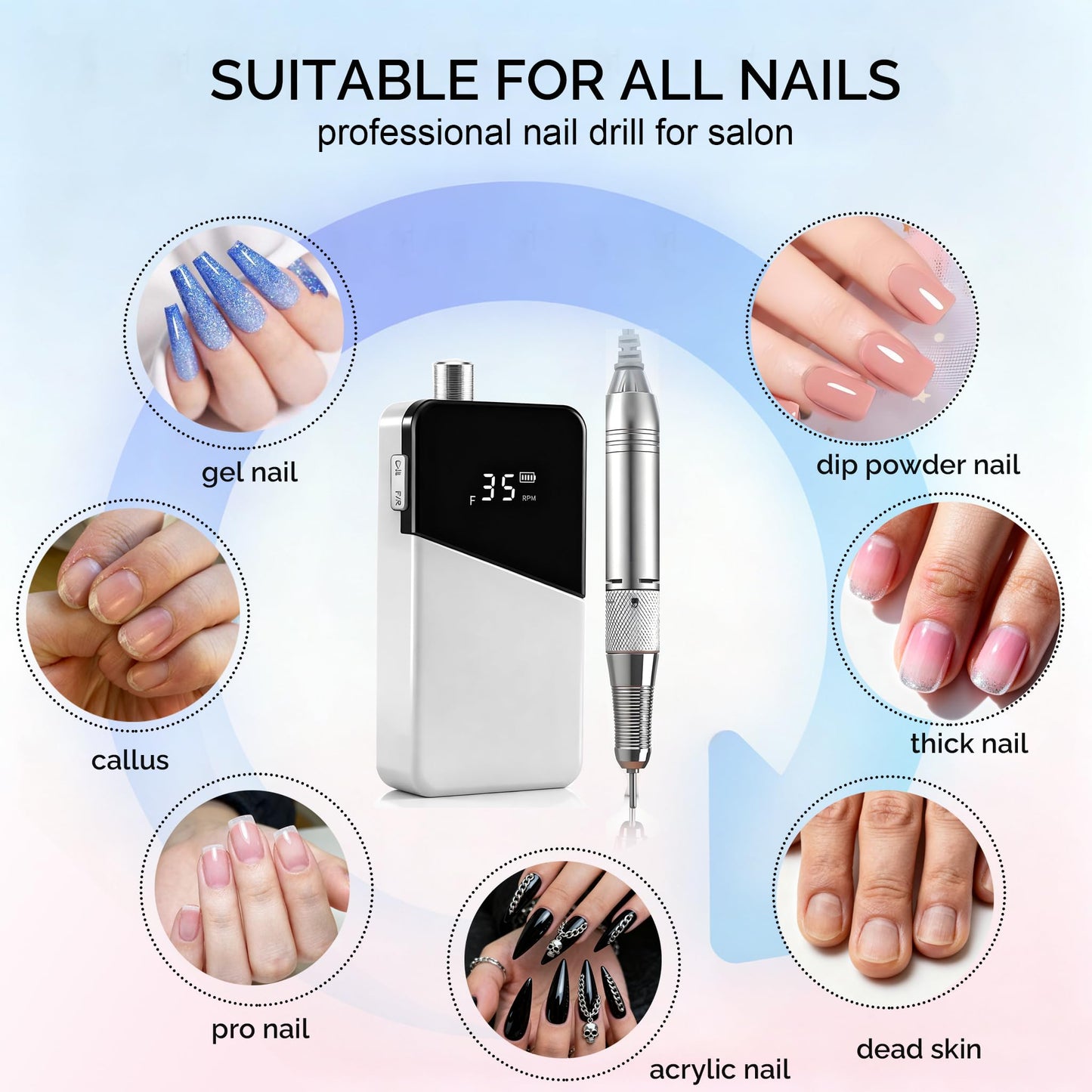 Lumcrissy Electric Nail File 35000RPM, Rechargeable Portable Nail Drill for Beginners Home Use, Cordless Efile for Acrylic Gel Nails with Ceramic Bits, Low Noise & Long Battery Life, White