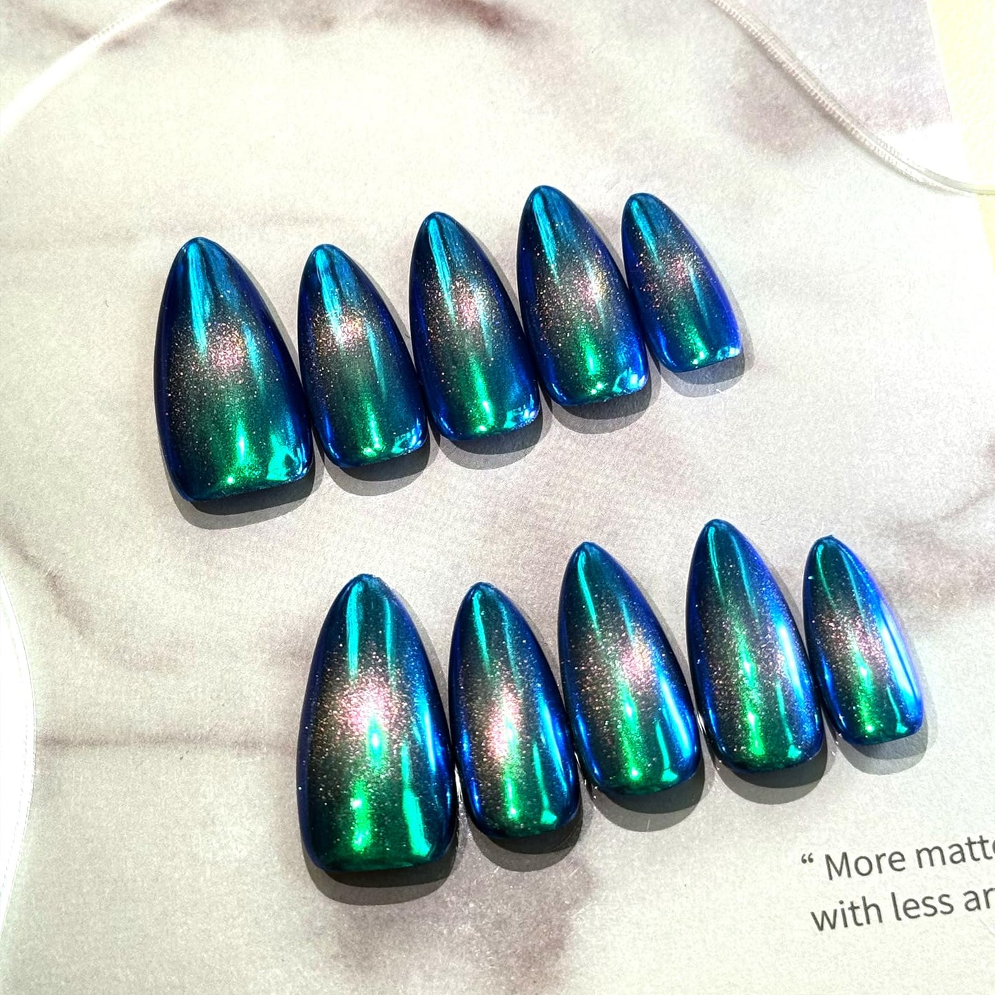 Metallic Punk Green Almond Press on Nail Short,Chrome Magic Mirror Effect Green Silvery Fake Nails, 10Pcs Nail Kit for Women and Girls.