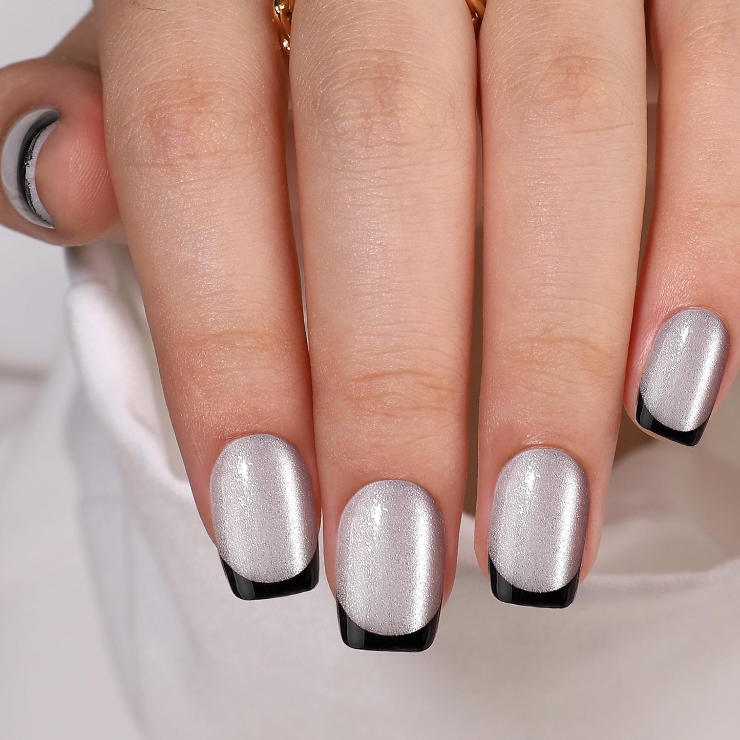 WAFOLOZE French Tip Press On Nails - Silver Cat's Eye Fake Nails with Black French Designs, Glue On Nails Short, Artificial Nails 16 Sizes - 32Pcs Reusable Soft Gel False Nails Tips Kit