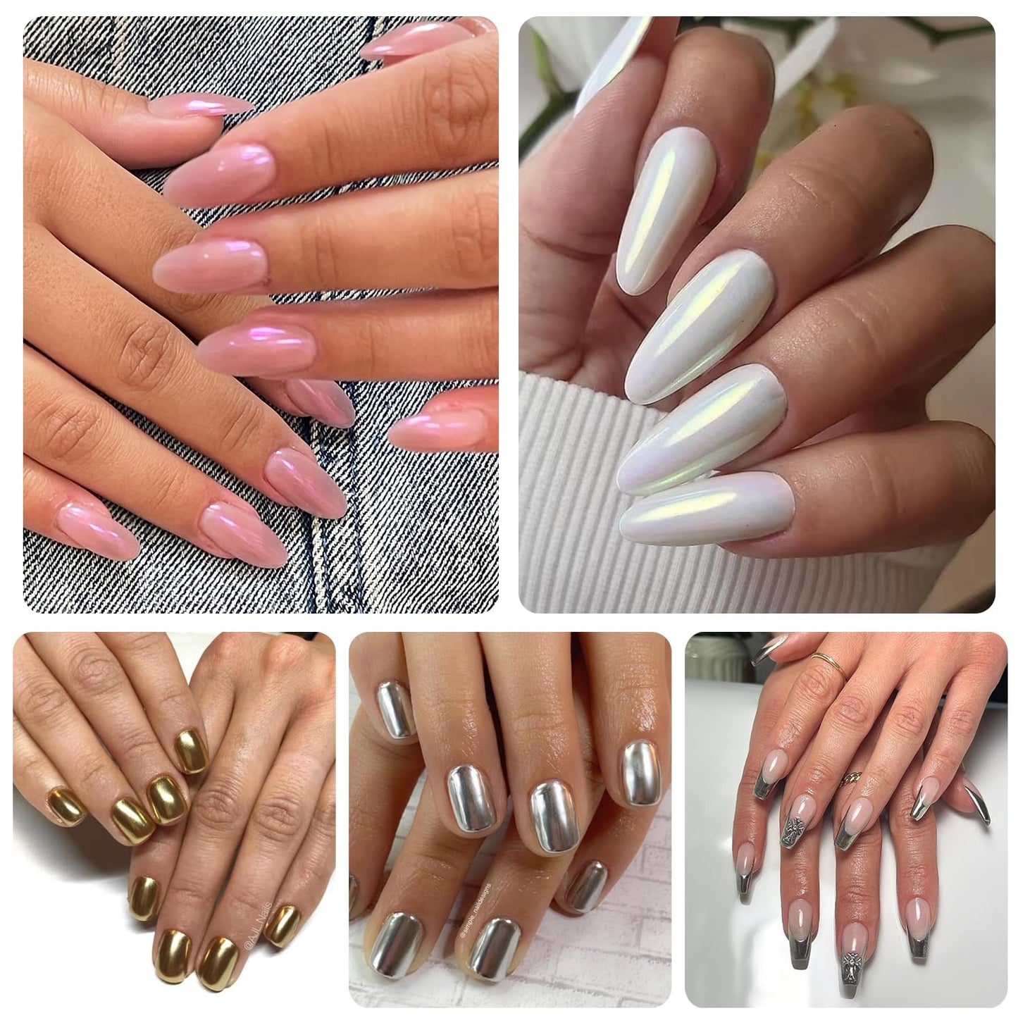 GZMAYUEN Nail Chrome Powder Nail Art Kit, 4 Color Chrome Powder for Nails, 15Pcs Nail Brushes for Nail Art, 4 Sheets Butterfly Nail Stickers, 4 Boxes Nail Charms Accessories