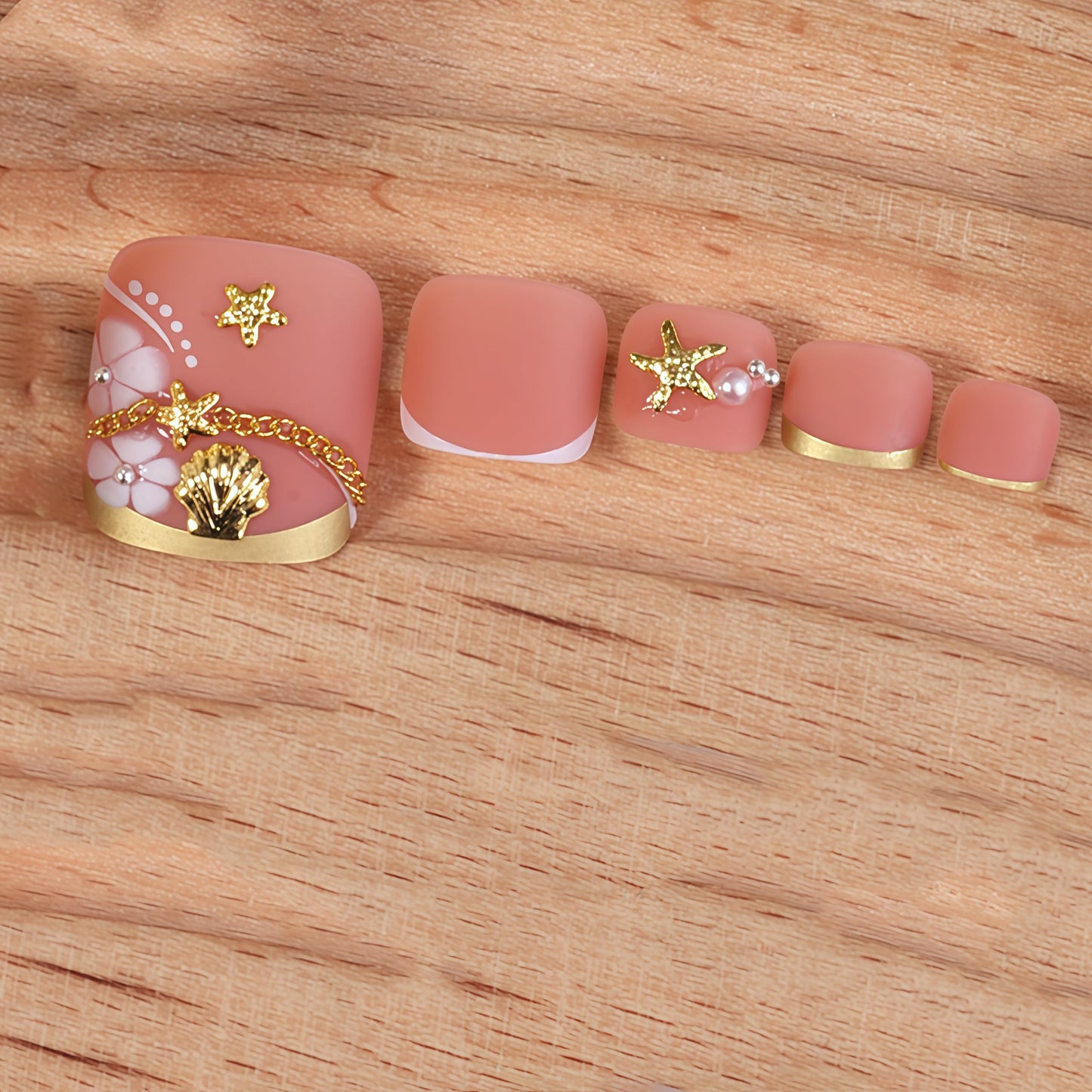 Gold French Tip Toe Press on Nails Short Square Toenail Press ons Glossy Fake Toe Nails with Starfish Shell Rhinestones Design Glue on Toe Nails Reusable Stick on Toenails for Women Decorations Set
