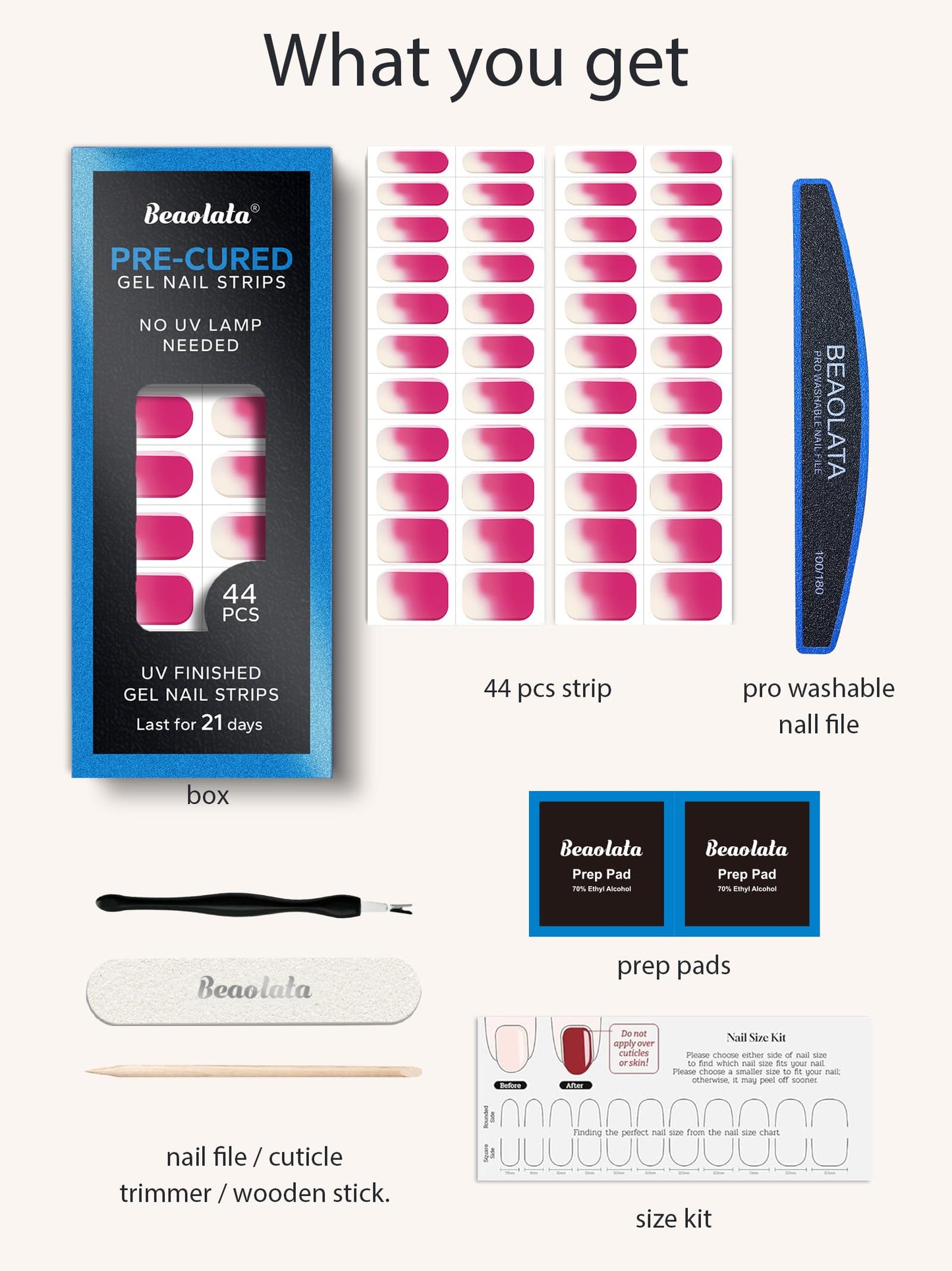 Beaolata Real Gel Nail Strips (No UV Light Needed) - 44Pcs Salon Quality Nail Stickers - Long Lasting Polish Wraps for Women, Easy Apply & Remove (Sunkissed Peach Pink)