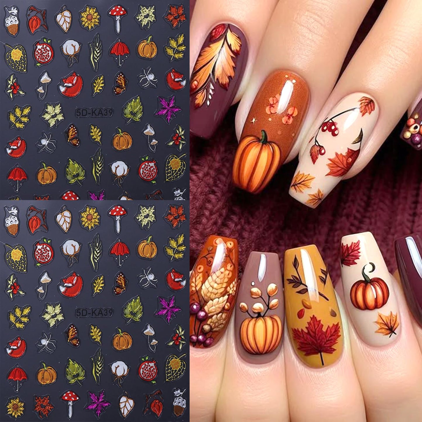 2Sheet Thanksgiving Nail Art Stickers 5D Embossed Autumn Maple Leaves Pumpkin Designs Nail Decals Self-Adhesive Fall Fruit Fox Nail Sticker Butterfly Mushroom Nail Decal for Women Nails Decor Supplies