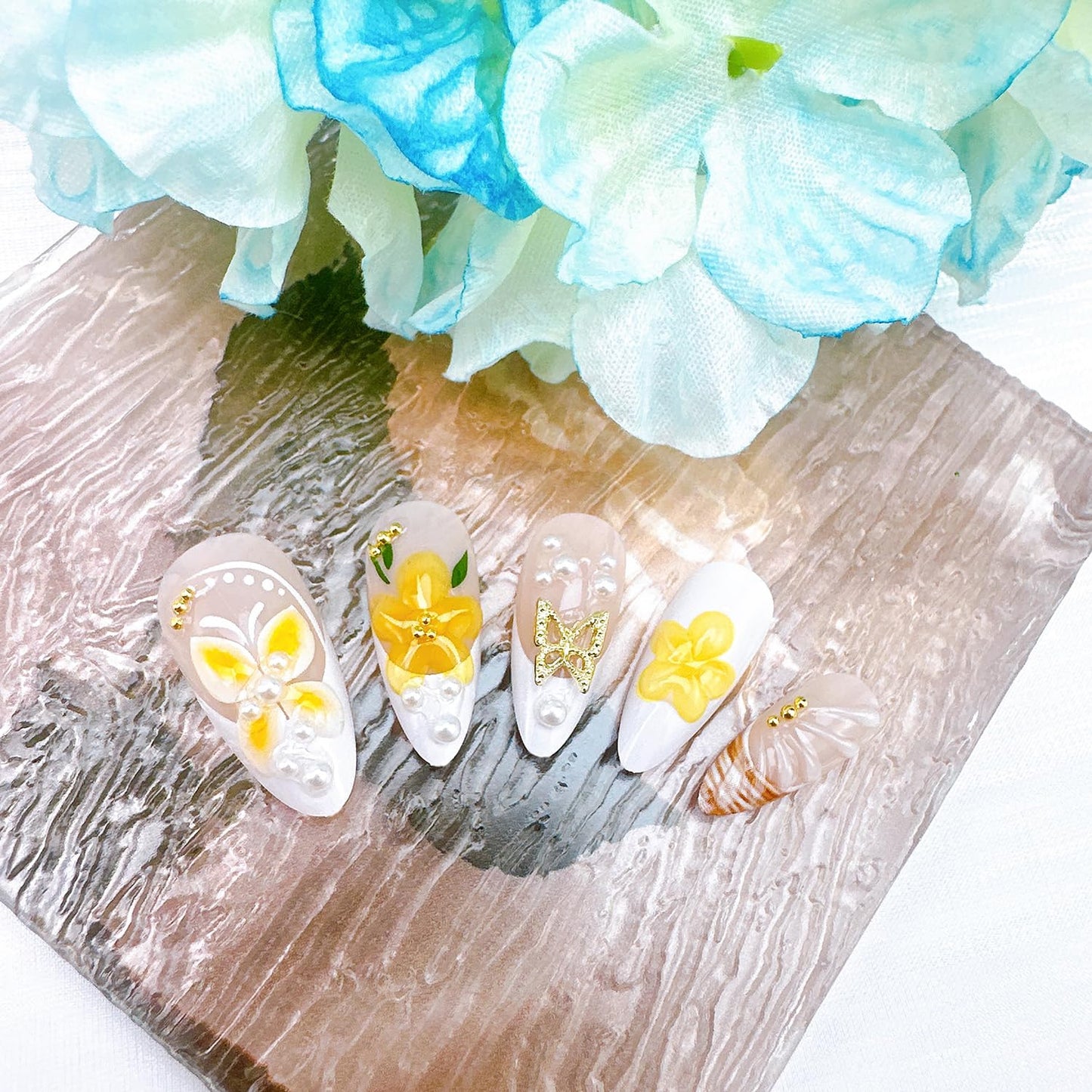 24Pcs Spring Press on Nails Medium Almond Fake Nails with Pearl Butterfly Rhinestones Designs 3D Flower False Nails Yellow Butterflies Acrylic Nail French Tip Full Cover Glue on Nails for Women