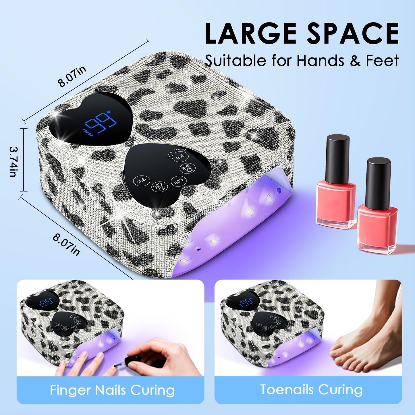 UV LED Nail Lamp Cordless, HUITINE 80W Rechargeable UV Light for Gel Nails with 5 Timers & Mirror Base, Professional Gel Light Dryer, Sparkling Rhinestones Curing Lamp for Salon & Home (Cow Diamond)