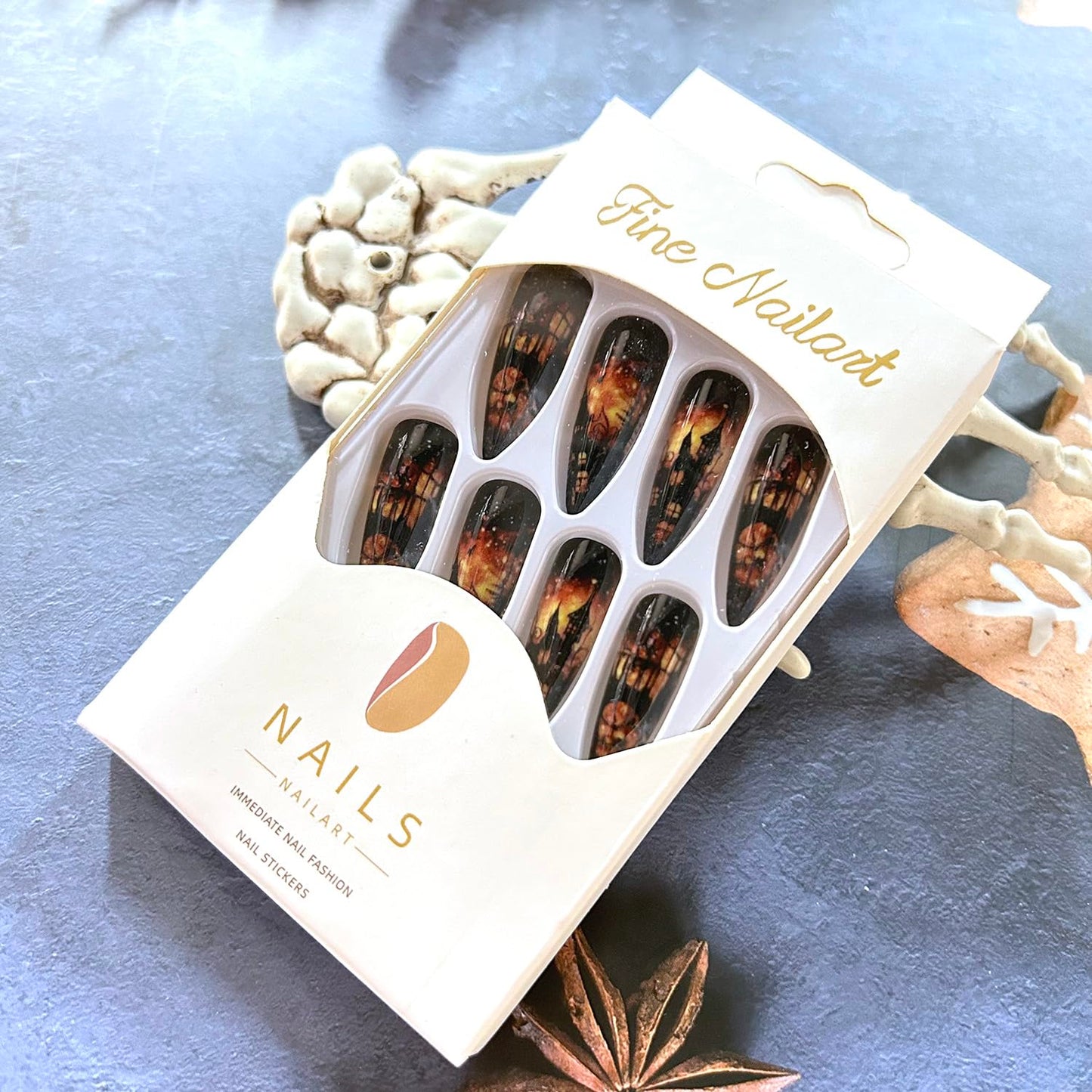 Almond Tip Halloween Press on Nails Long Length Flame Castle Pattern Design Halloween Nail Full Cover Glossy Artificial Acrylic False Nail Black French Tip Festival Stick on Nails for Women Supplies