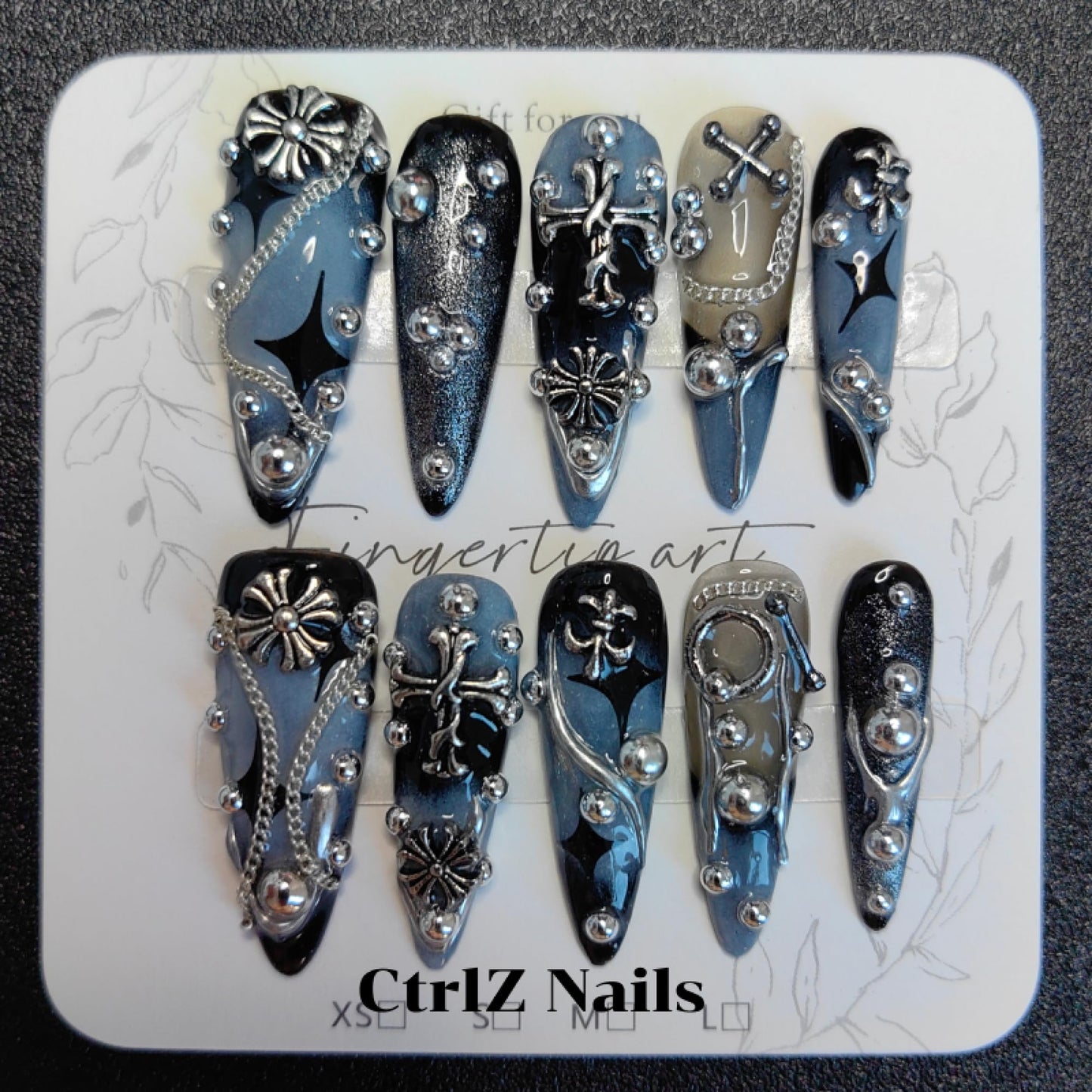 CtrlZ 3D Handmade Luxury Stiletto Press On Nails – Gothic Cross Blue Black Metal Stud Design, Reusable Fake Nails, Size S
