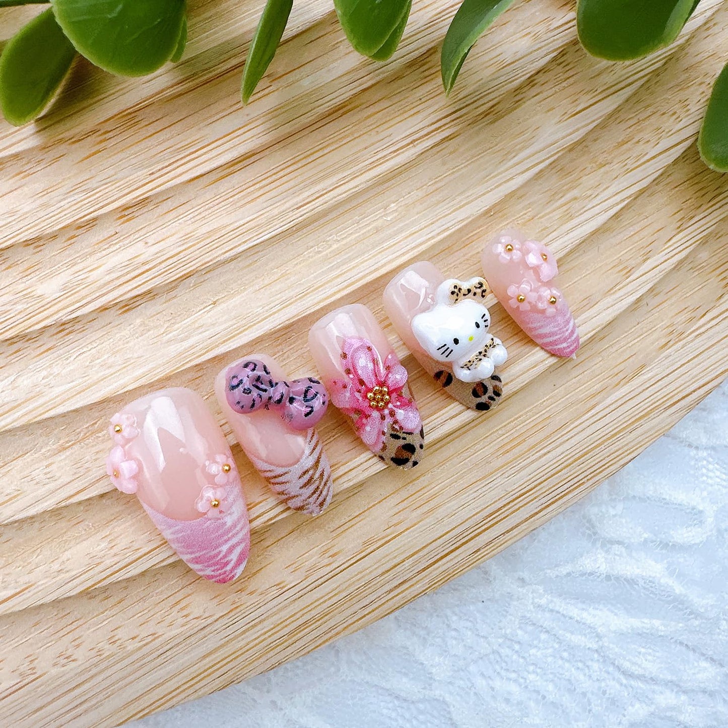 30Pcs Pink Press On Nails Medium Almond Leopard Print French Tip Fake Nails with Flowers Bow Rhinestones 3D Summer Flower Acrylic Nails Cute False Nail Set Cartoon Full Cover Stick on Nails for Women