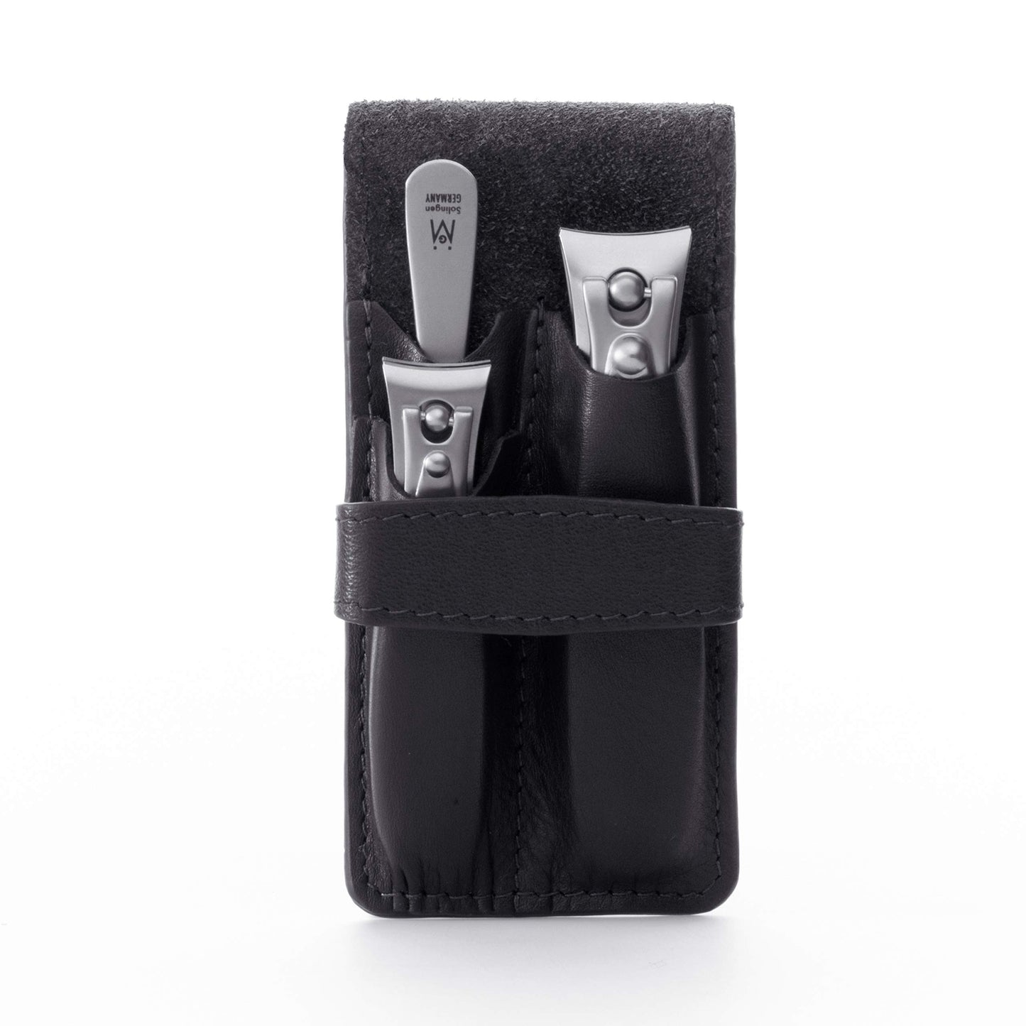GERMANIKURE Nail Clippers and Sapphire Nail File Set in Black Leather Case – Ethically Made in Solingen Germany, FINOX Stainless Steel Tools – Professional Quality Manicure & Pedicure Kit for Men