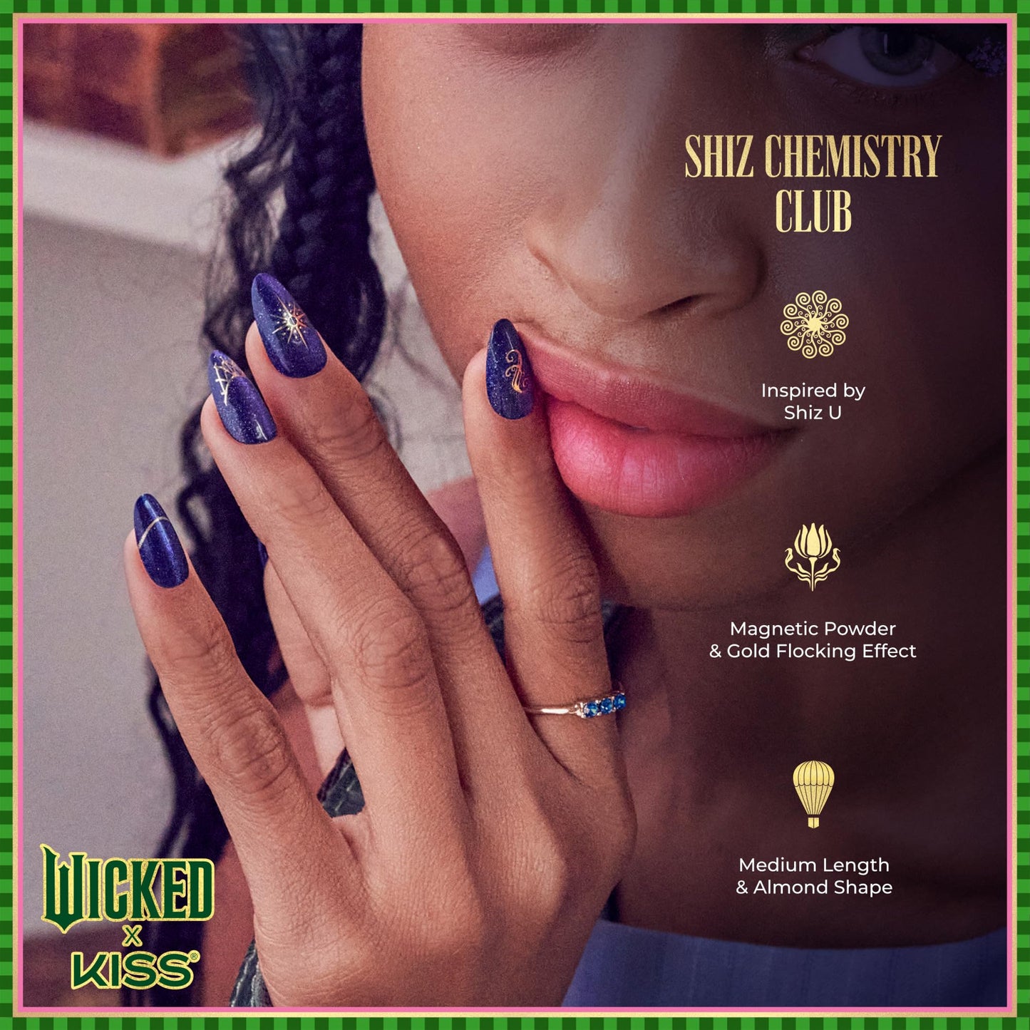 WICKED X KISS Press On Nails Almond, ‘Shiz Chemistry Club’, Blue, Medium, Waterproof, Chip Proof, Smudge Proof, 28 Fake Nails, Pink Gel Nail Glue (2g), Mini Nail File, & Manicure Stick