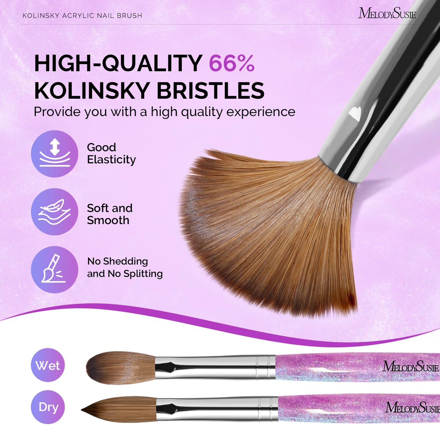 MelodySusie Kolinsky Acrylic Nail Brush,66% Kolinsky Hair Professional Nail Art Brush for Acrylic Application, Aurora Collection Fine Glitter Brush, Purple, Size 8