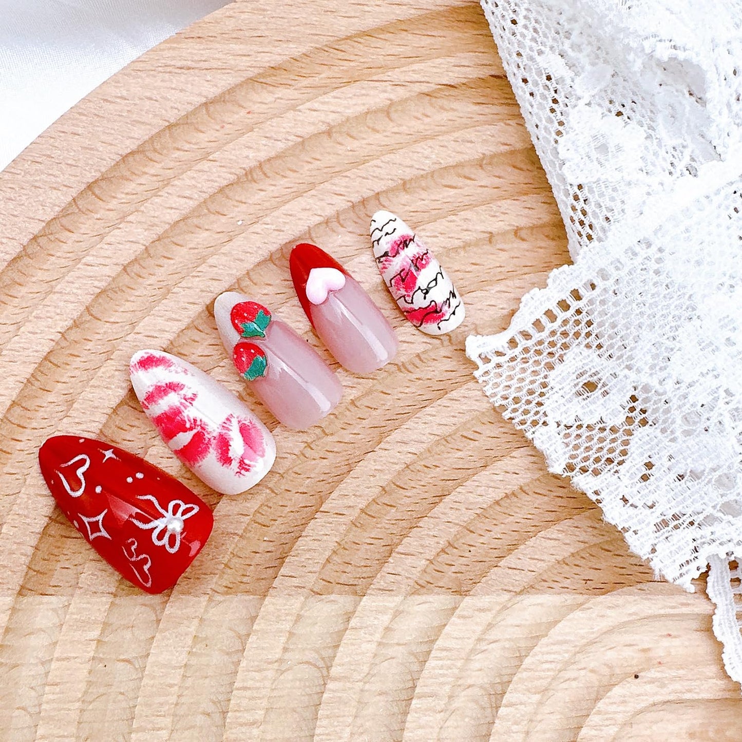 24Pcs Valentines Press on Nails Medium Almond Fake Nails with Heart Bow Rhinestones Romantic Red Lips False Nails 3D Strawberry Acrylic Nails Valentine Hearts Full Cover Stick on Nail for Women