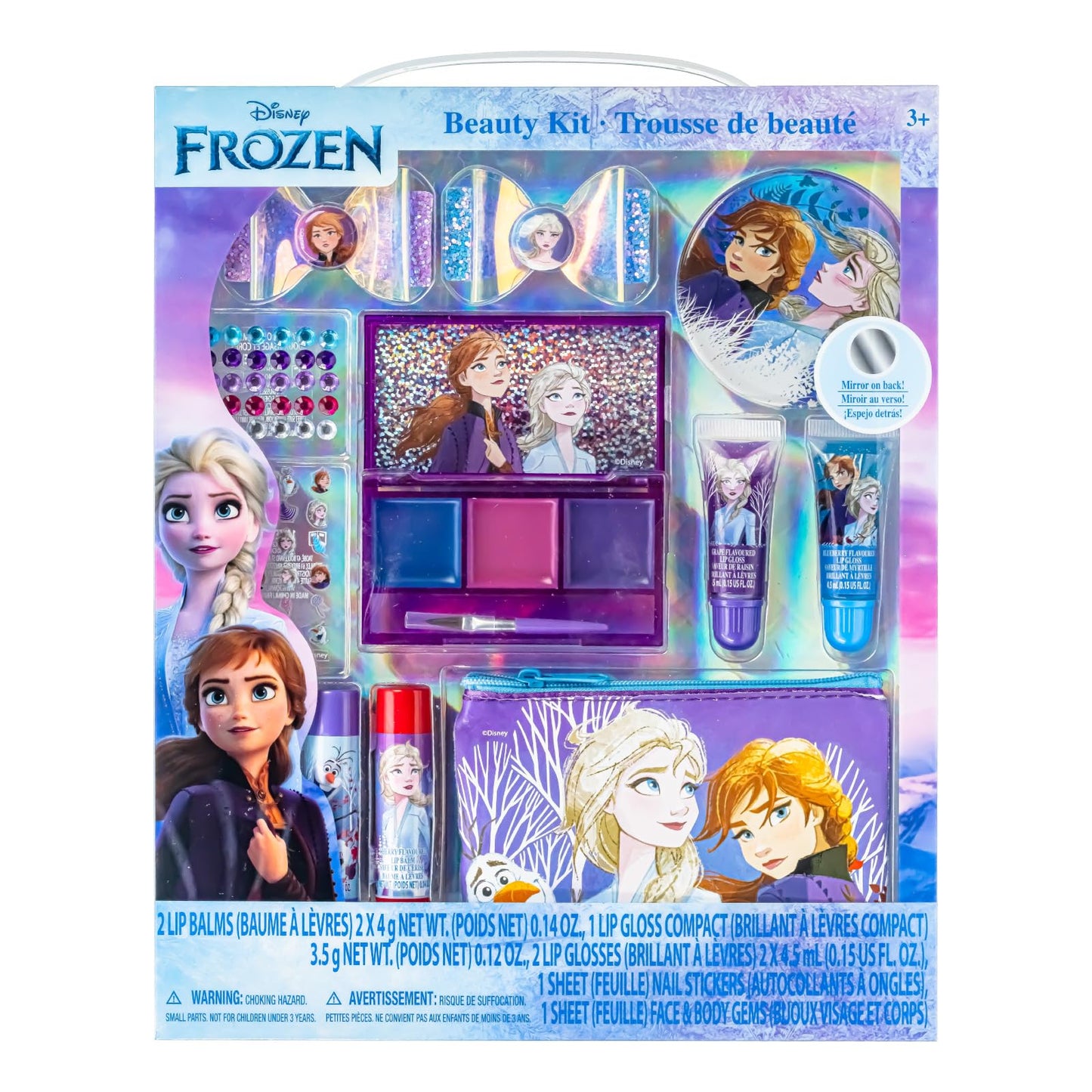 Disney Frozen Super Sparkly Kids Makeup Set for Girls with Clips, Lip Gloss, Nail Stickers, Lip Balm, Nail Gems, Mirror, Elsa and Anna Themed Purse, by Townley Girl ﻿