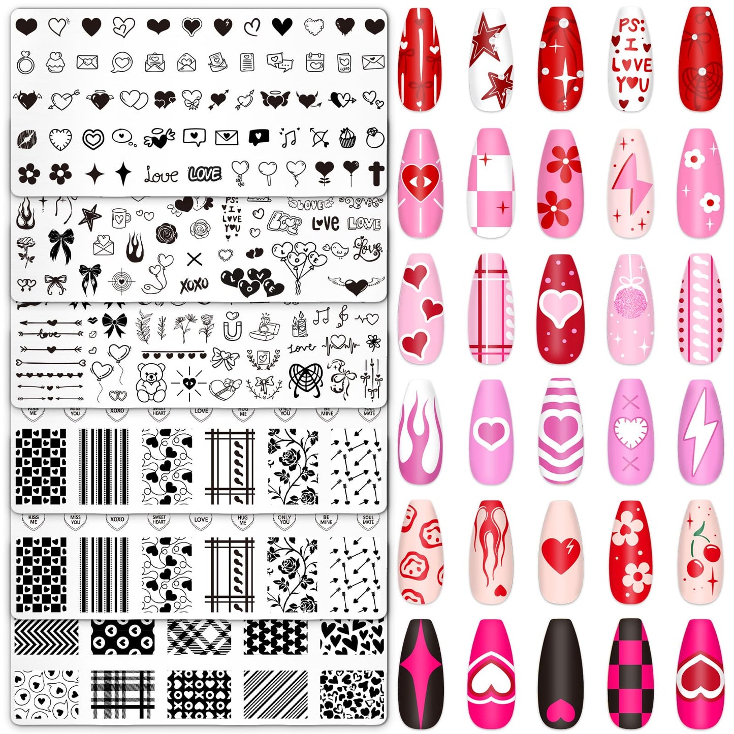 Whaline 6Pcs Valentine's Day Nail Plates Stamping Set Love Heart Stamp Templates Nail Art Plates for DIY Print Manicure Salon Design