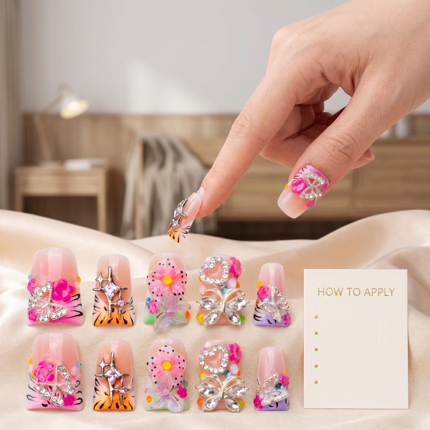 Handmade Luxury Press on Nails Medium Duckbill False Nails Summer with Floral Rhinestones Design Fake Nails Reusable Full Cover Acrylic Nails for Women Manicure 10Pcs (Size M)