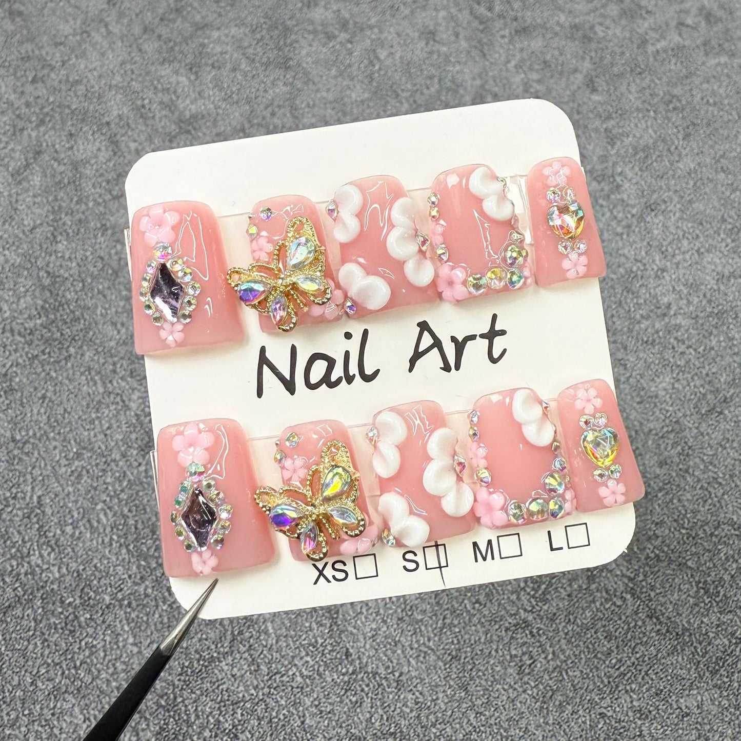 Butterfly Press on Nails, Muti-Layer Gel Handmade Press on Nails Medium, Duck Shaped False Nails with Rhinestone Flower, Full Cover Thickened Fake Nails Designs Stick on Nails for Women Nail Art DIY