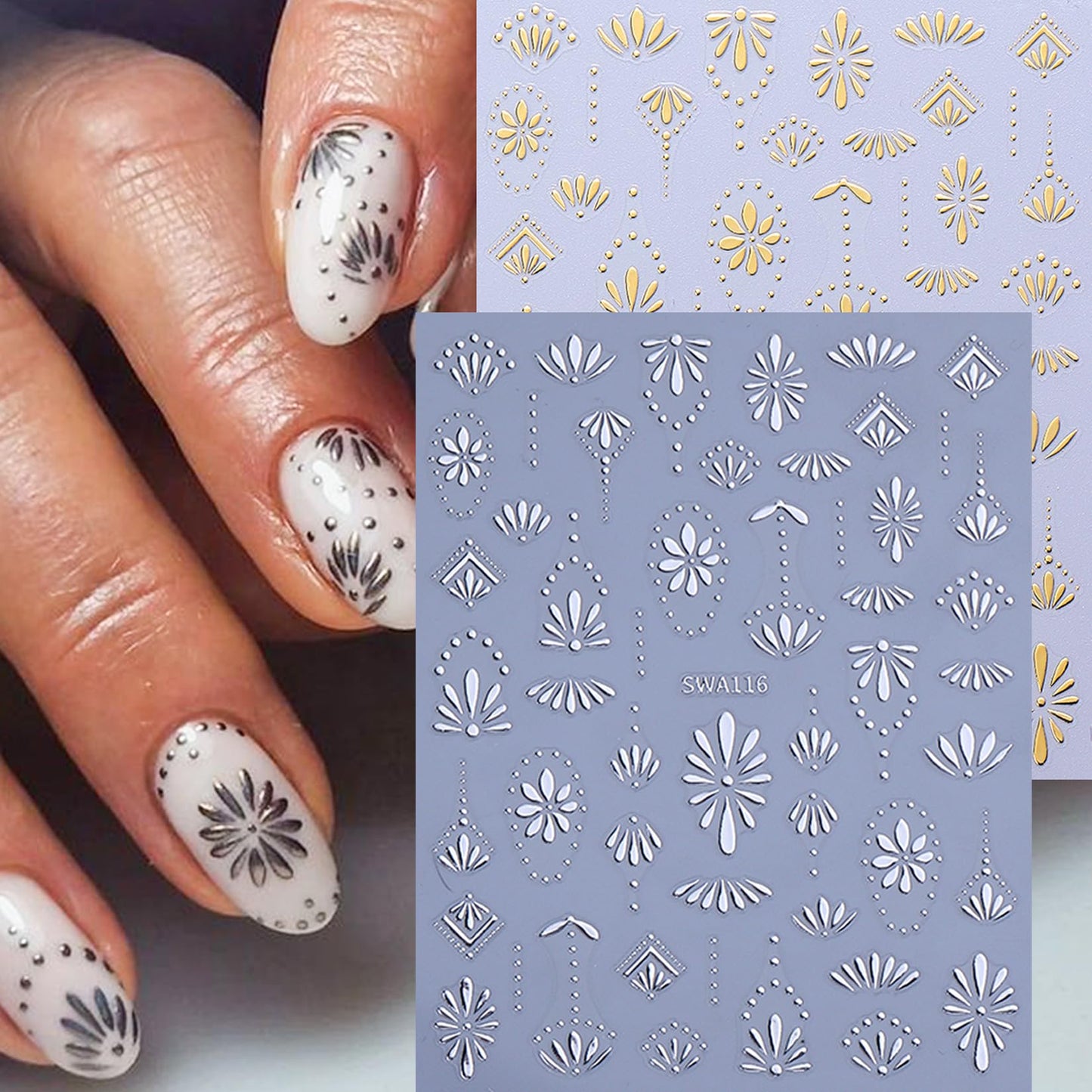 Bohemian Stickers for Nail Art 12PCS Boho Styles Nail Decals Blue Totem Gothic Nails Art Desigsn Metallic Gold Silver Star Self-Adhesive Sliders for Gel Polish Acrylic Supplies DIY Manicure Decor