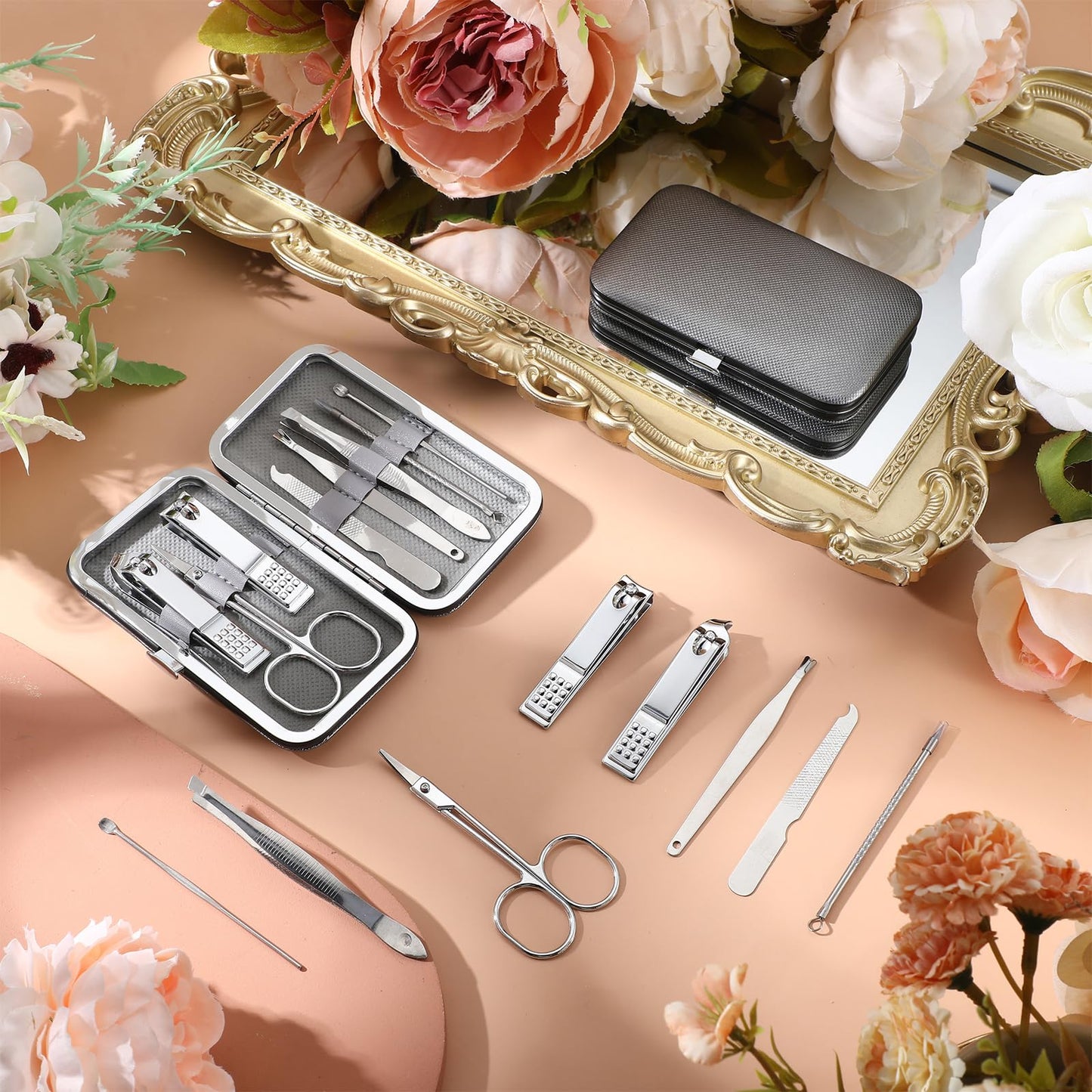 Geosar 50 Set 8 in 1 Travel Manicure Kit Bulk Professional Nail Clippers Pedicure Nail Care Tools Grooming Stainless Steel Set with Portable Travel Case, Gift for Valentine Men Women(Sliver)
