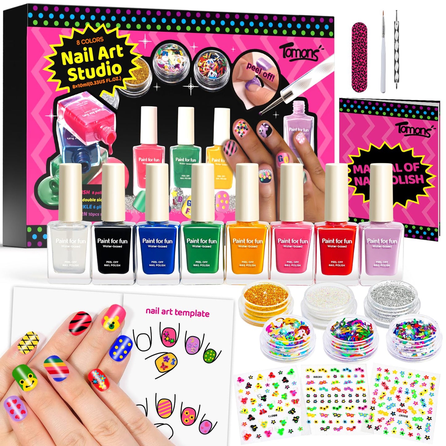 Tomons Nail Polish Set Non Toxic Kids Nail Polish Kit for Kids Ages 7-12, Birthday Gifts for 6 7 8 9 10 11 12 Year Girl, Glitter, Sequins, Stickers, Nail Art Kit Tools- 8 Colors