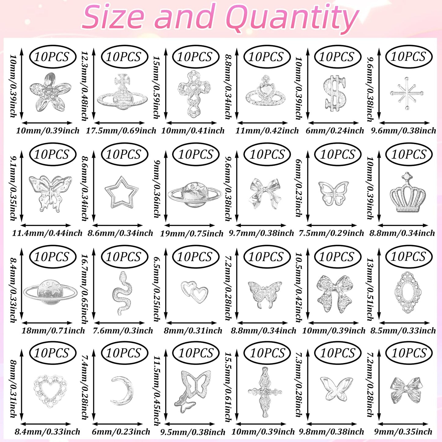240 Pcs 3D Silver Nail Charms, Alloy Cross Star Crown Bows Nail Silver Charms, Shiny Planet Metal Nails Art Charms Snake Charm for Acrylic Nails DIY Y2K Accessories