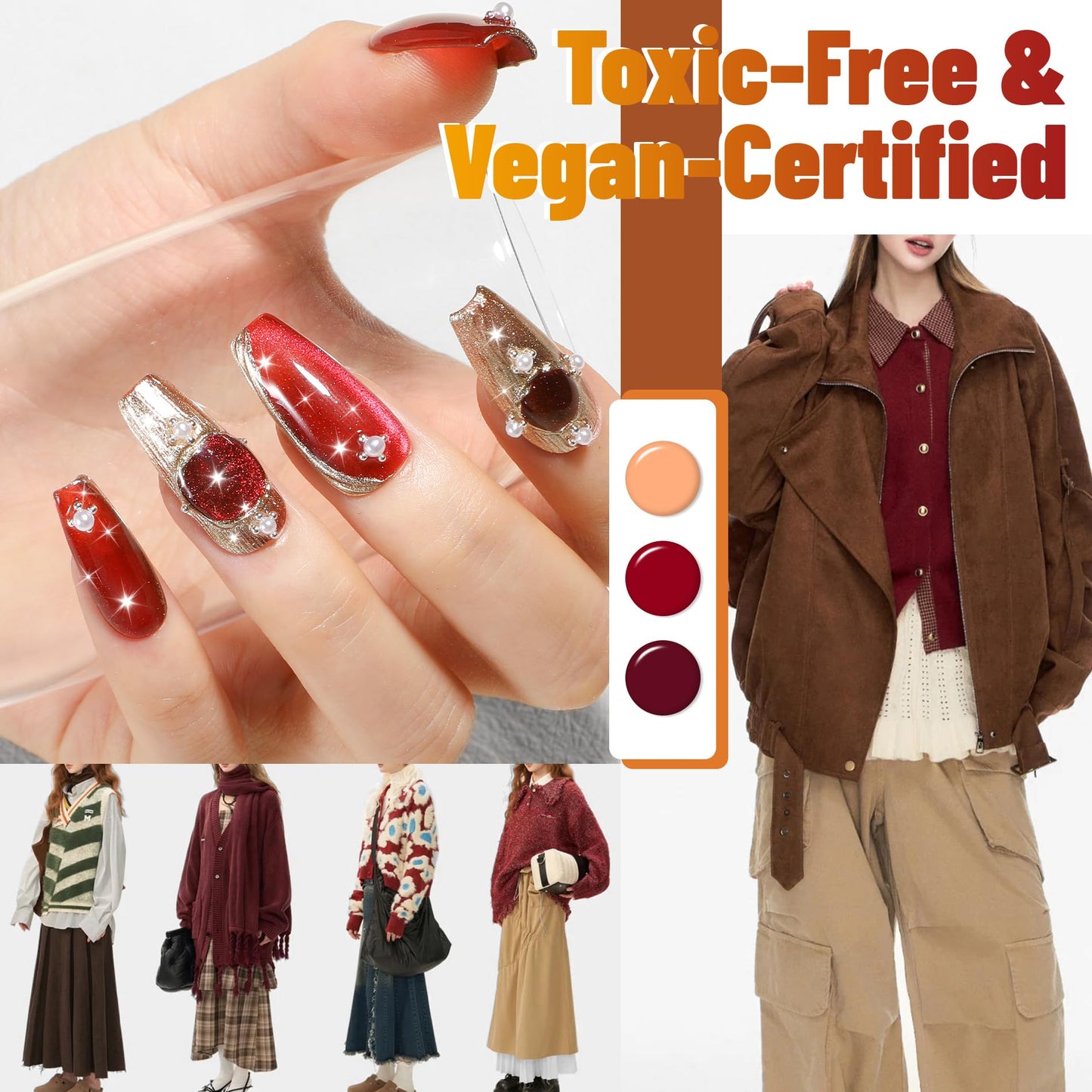 ABAC Fall & Winter Solid Gel Nail Polish Set Orange Yellow Burgundy Red Brown Purple Glitter Colors w/Pro Brush No-Spill,Hema-Free Gel Nail Kit Gifts for Women All Season
