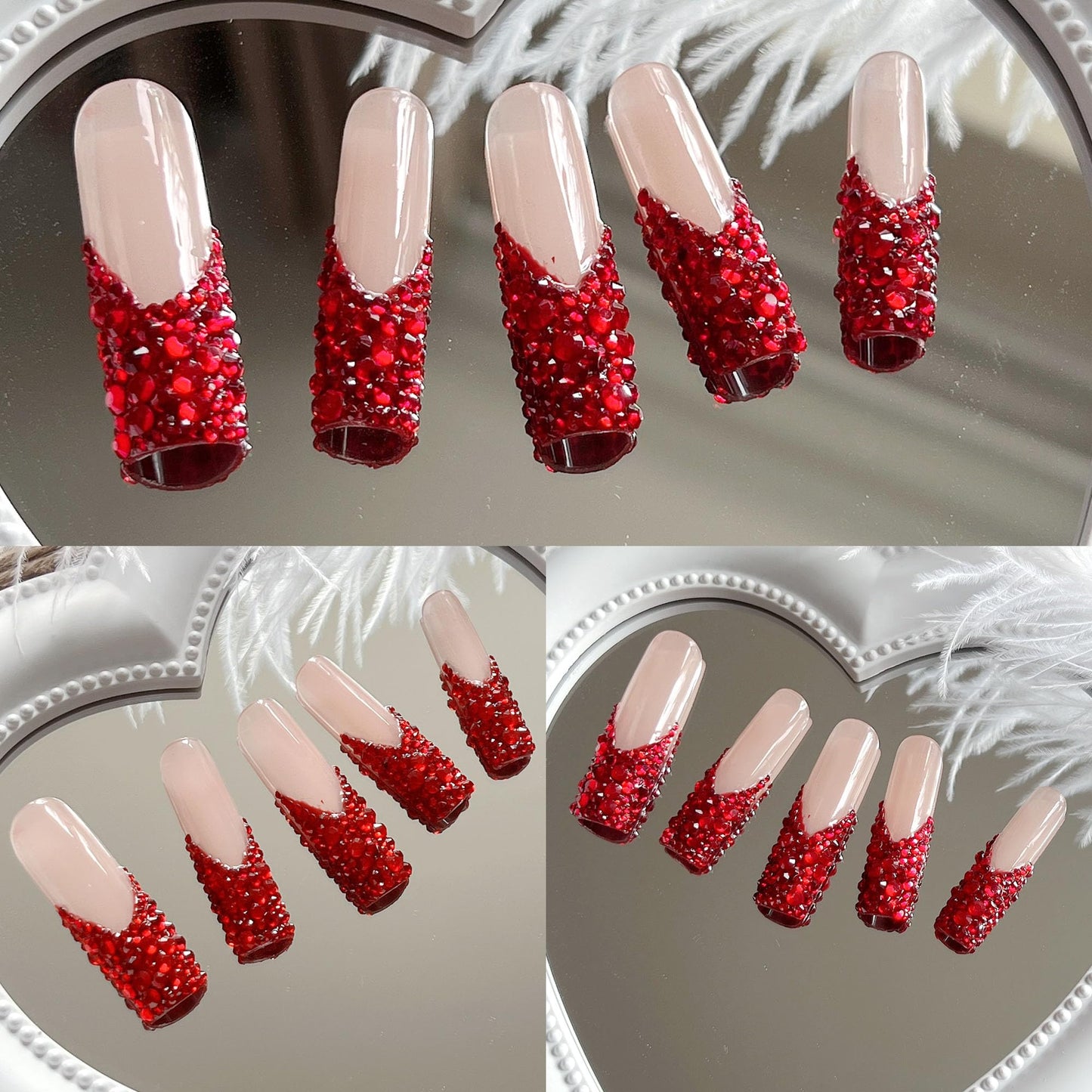 NAIL ANGEL 10pcs Handmade Press On Nail Tips Red Rhinestone French XXL Long Coffin Types Artifical Nails Party Nails Glitter Rhinestones ZJ-02(S)