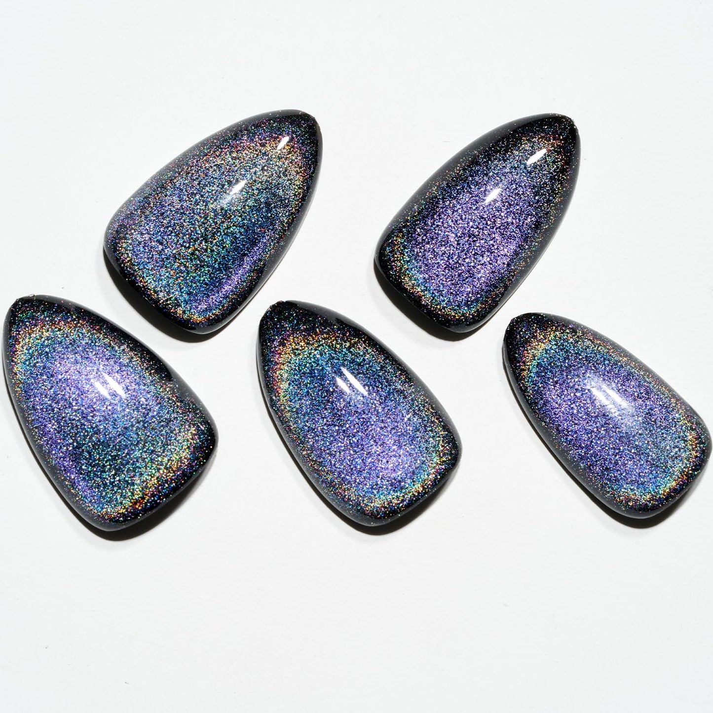 GLAMERMAID Black Blue Magnet Cat Eyes Press on Nails Short Almond, Laser Rainbow Handmade Gel Fake Nail Kit, Ombre Glitter Magnetic Glue on Nail Stiletto, Medium Oval Stick on False Nail Set for Women