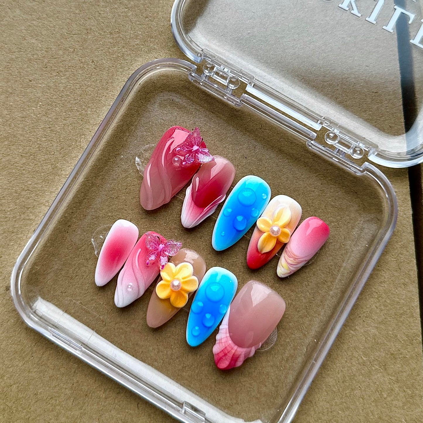Luxury Press on Nails Medium Almond Handmade 3D Unique Reusable ABS Material Fake Nails Pink&Blue False Nails with Designs Butterfly Yellow Flower Art Petal Glossy Thick Acrylic Nails(S)