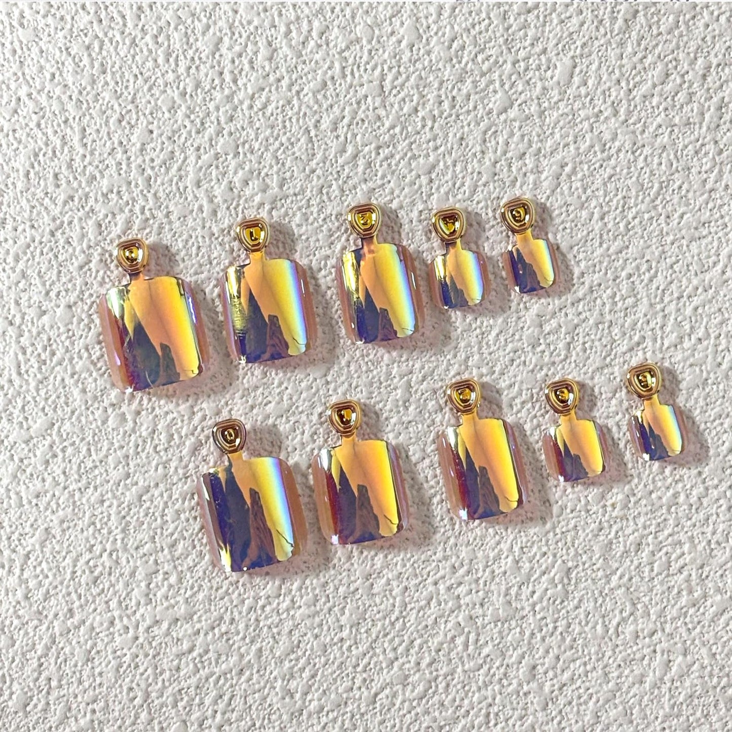 Chrome Press on Toenails Gold Glossy Acrylic Toe Nails Press on Short Square Fake Toenails Finish Full Cover False Toenails with Aurora Powder Designs Cute Artificial Glue on Toenails for Women 24Pcs