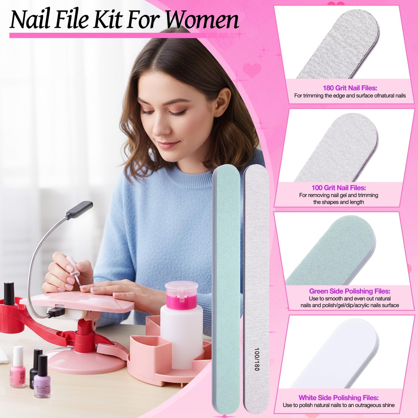 Enhon Manicure Supplies, Nail Stand Hand Rest for Nails with Multi Angle & Polish Trays, Manicure Set 3 Pieces & LED Lights, Foot Station Supply for Salon Home DIY, Christmas Gifts for Women (Pink)