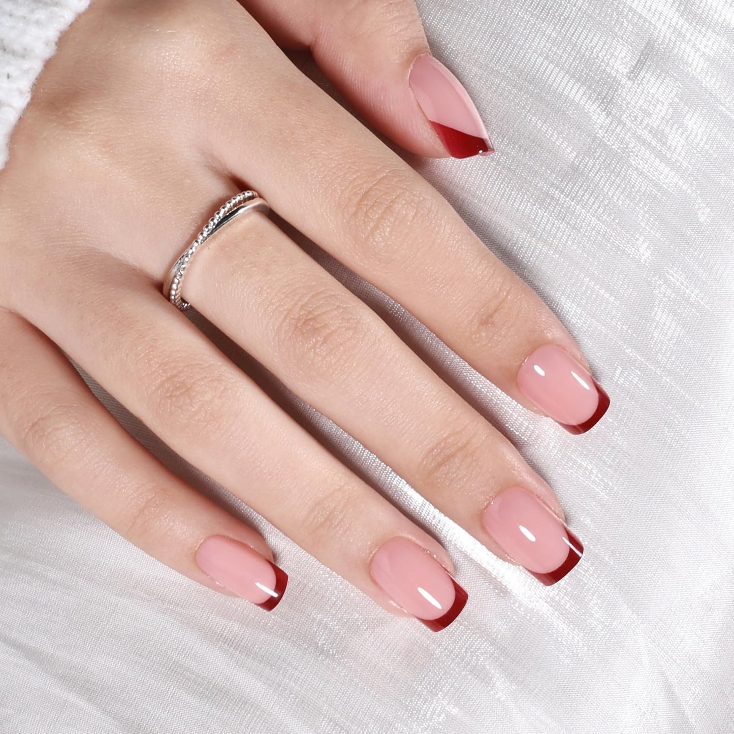 Red French Tip Press On Nails Square - Short Square French Tip Fake Nails with Nail Glue, Red Press On Nails Opaque Reusable Stick On Nails in 16 Sizes - 32 Nail Kit for Women & Girls | Salon Quality