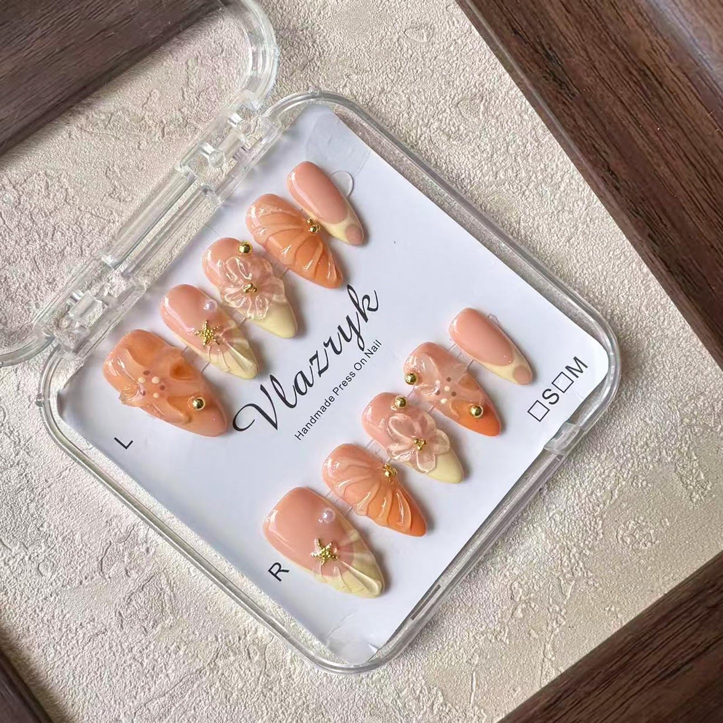 Handmade Press On Nails, Medium Almond Fake Nails with 3D Flowers & Metal Charms, Reusable Full Cover Acrylic Nails,Luxury Orange-Yellow Gradient French Tips for Women.(10PCS，M)