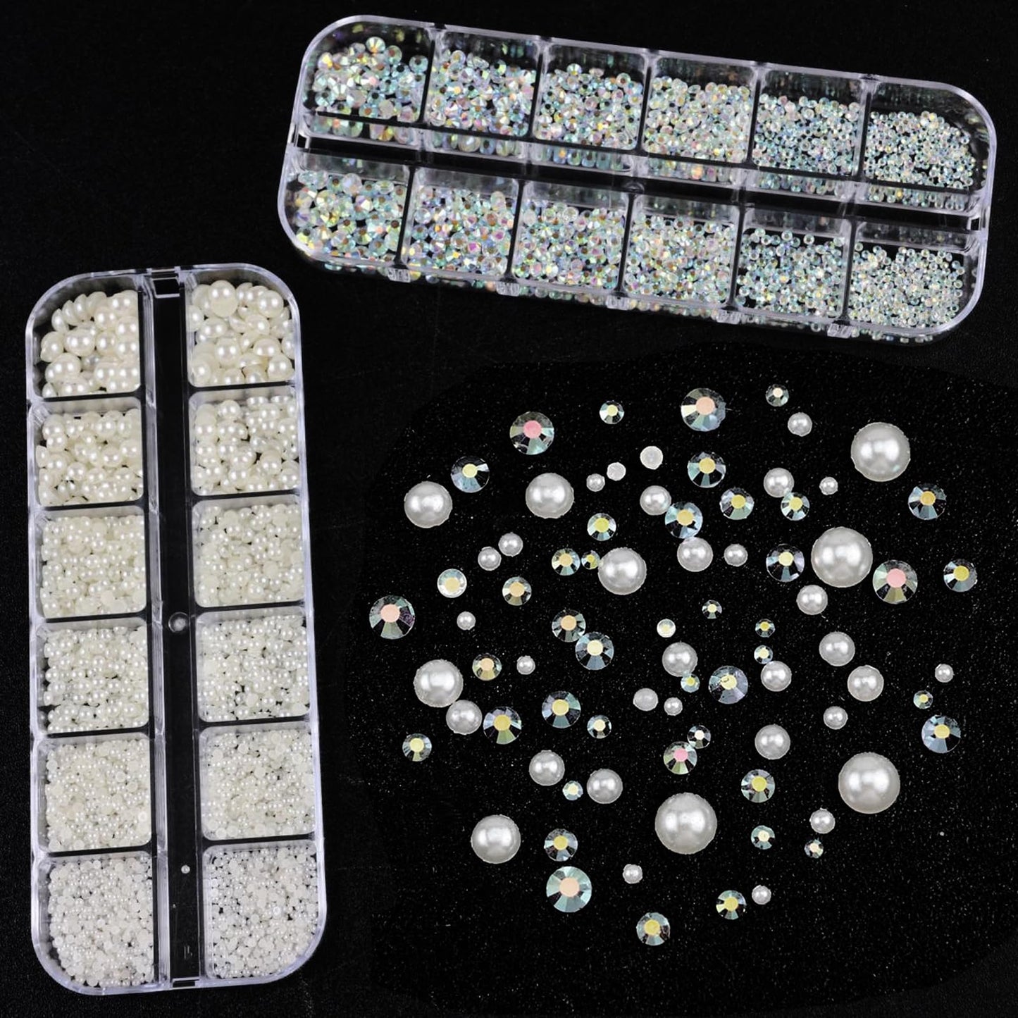 SEMATA Beige Nail Art Pearls Charms Flatback Nail Rhinestones Pearls Mixed Size Nails Gems Transparent AB Nails Rhinestones Art Accessories Decoration Design for Women