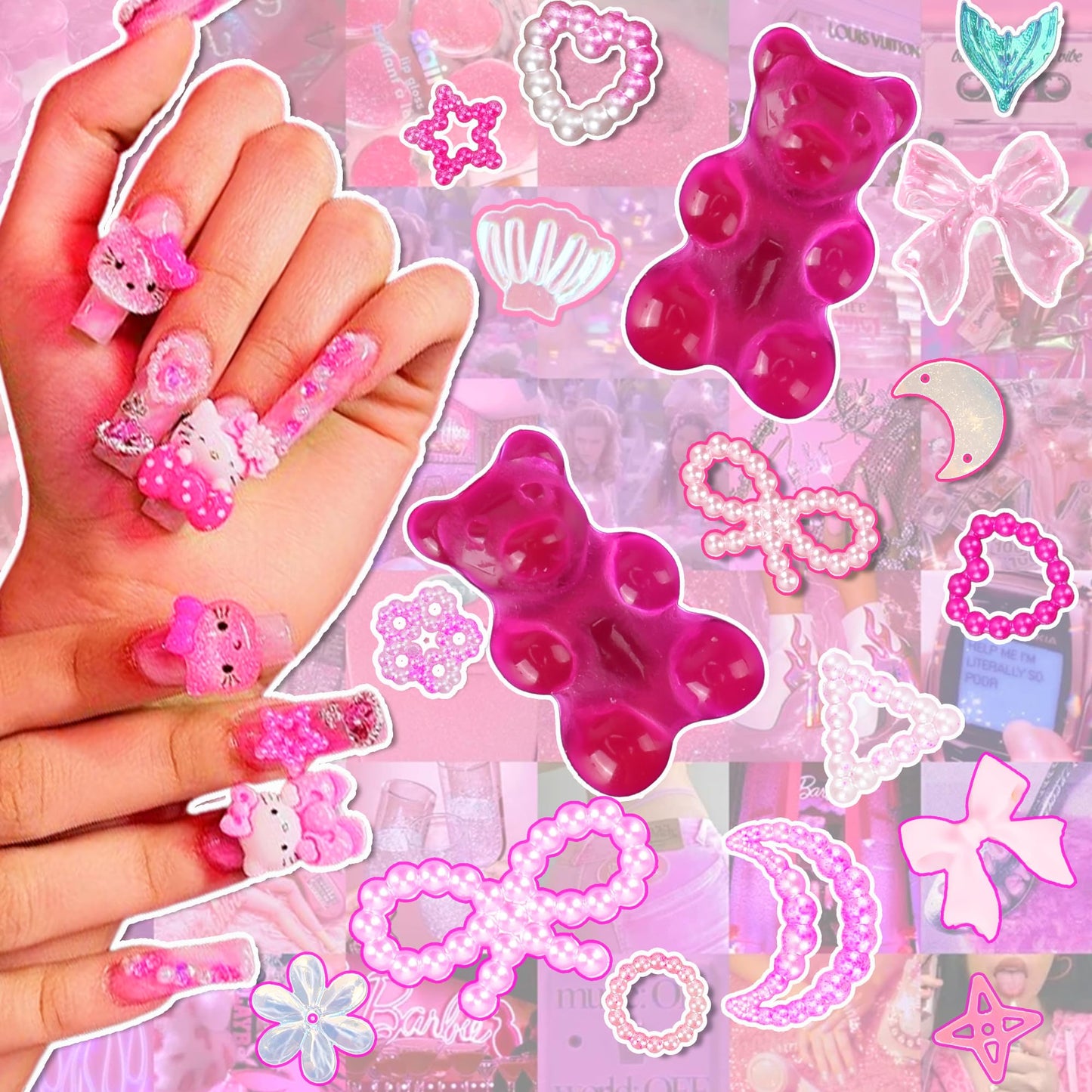 Namifin 3D Pink Nail Charms Bulk Gummy Bear Butterfly Bow Assorted Nail Charms Set Planet Cherry Gems Cute Heart Star Pearls Nail Charms for Nail Art DIY Supplies Accessories